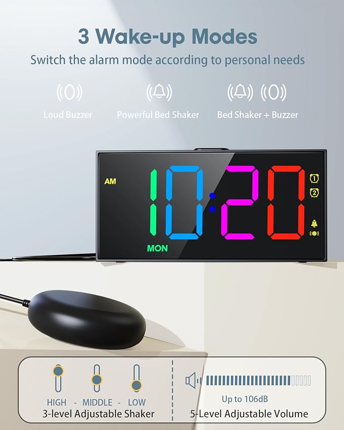 RGB Display Vibrating Alarm Clock with Bed Shaker for Heavy Sleepers Adults