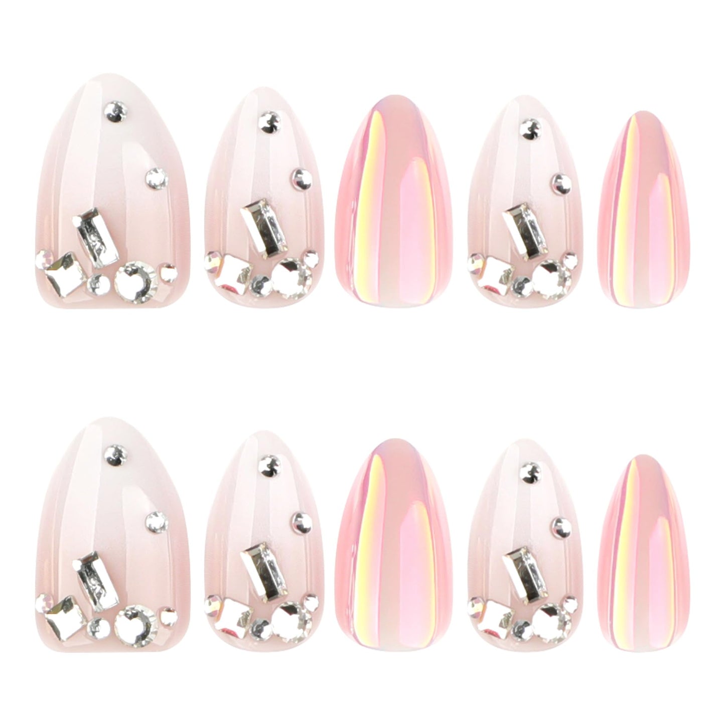 RUOKEXIN Almond Press on Nails Short Fake Nails White Ombre False Nails with Rhinestones Designs Plating Nail Press ons Sparkly Artificial Nails for Women 24Pcs