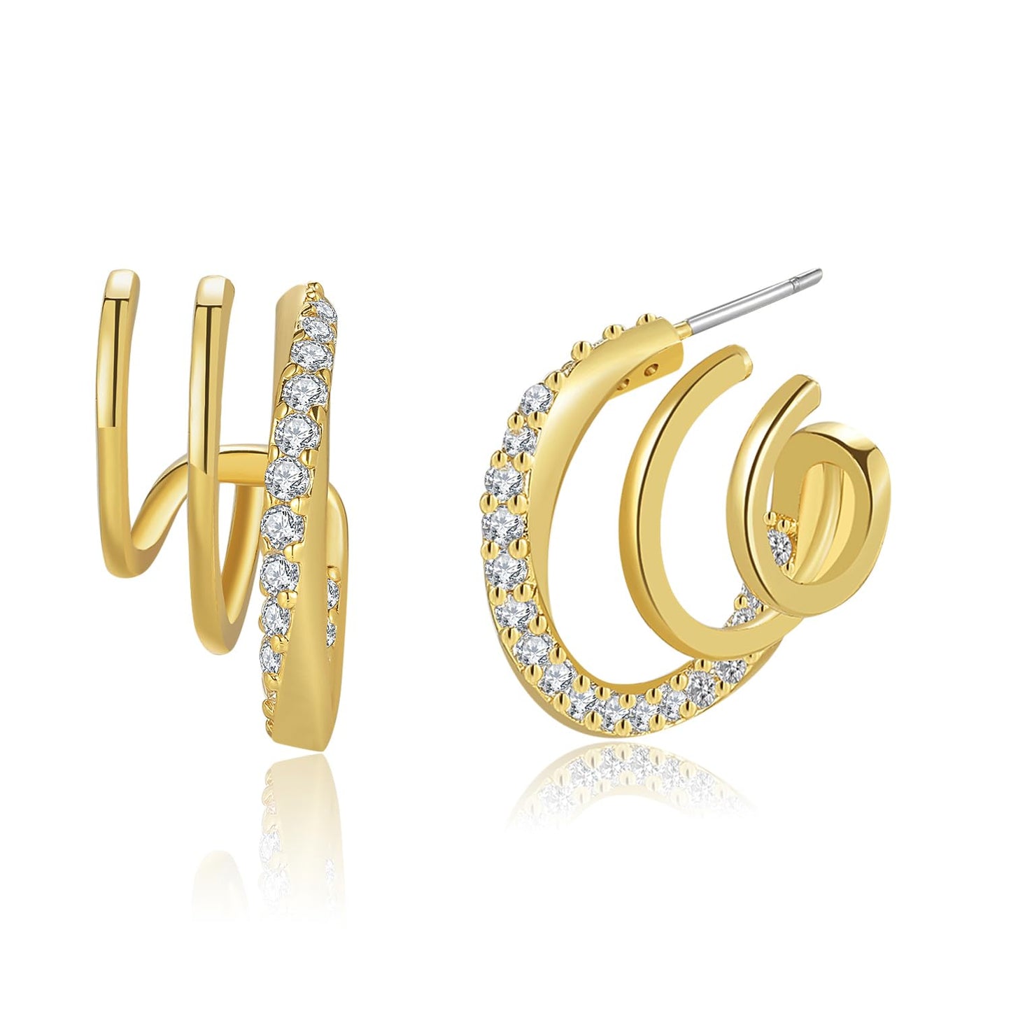 Obidos 14K Gold Plated Triple Huggie Illusion Stud Earrings | Gold Hoop Earrings for Women