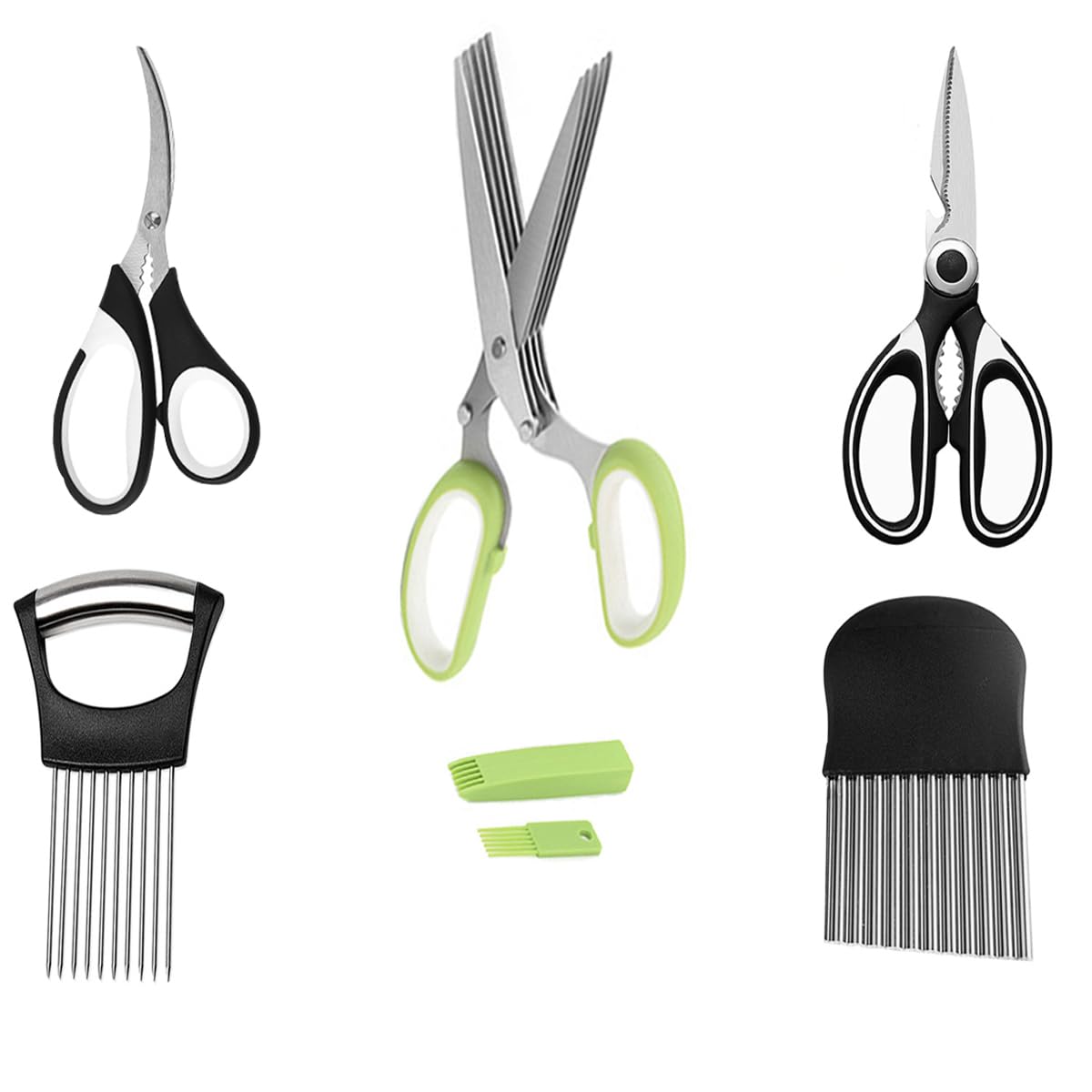 5-Blade Herb Scissors, Kitchen Shears, Seafood Scissors, Onion Holder Slicer and Potato Crinkle Cutter, yamesu Kitchen Gadget Salad Herb Tools 5 Sets
