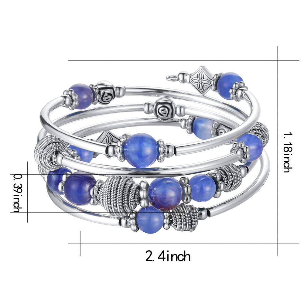 PEARL&CLUB Beaded Chakra Bangle Turquoise Bracelet - Fashion Jewelry Wrap Bracelet with Thick Silver Metal and Mala Beads, Birthday Gifts For Women(Blue)