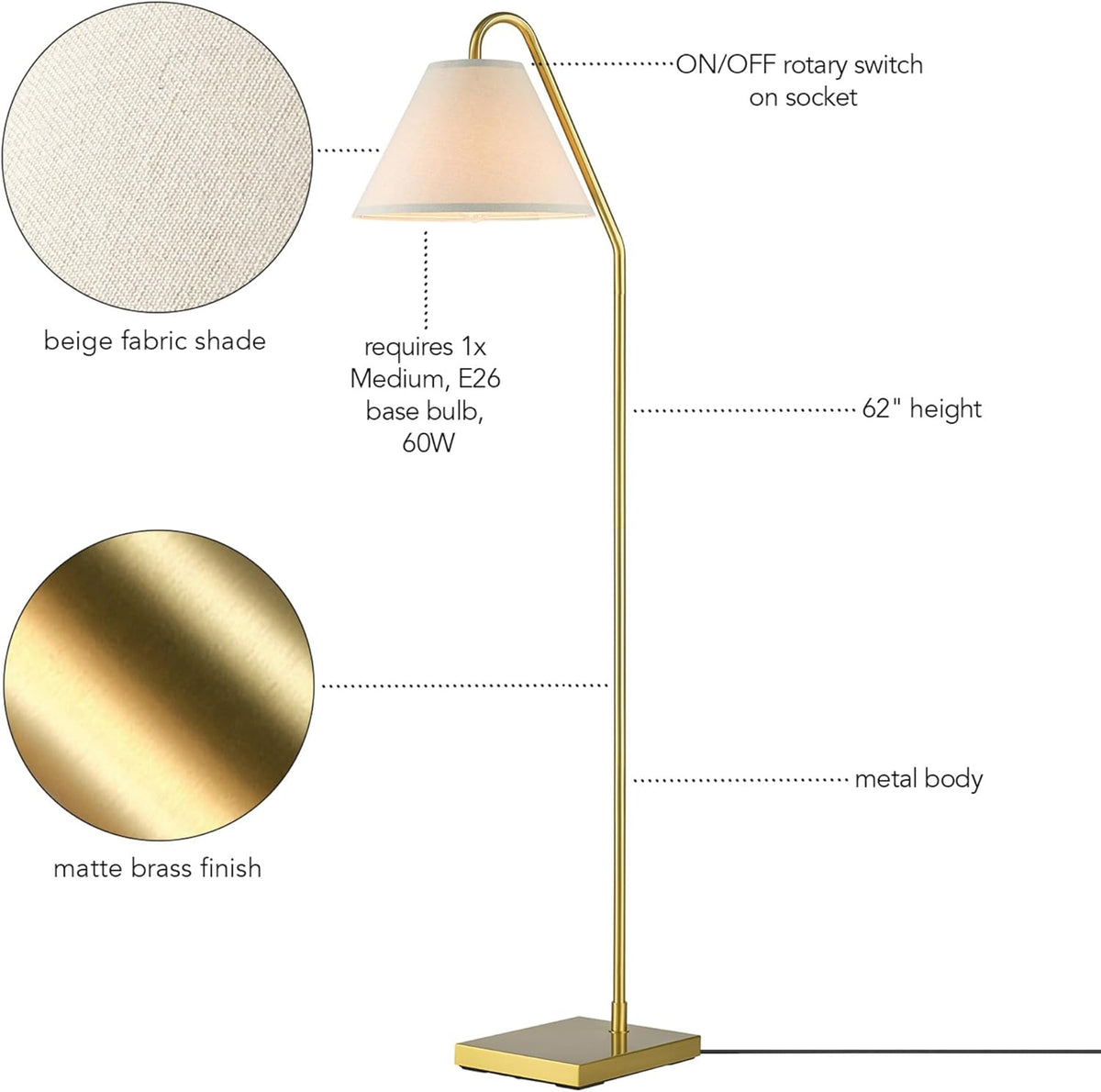 GLOBE Electric 61000147 62" Floor Lamp, Matte Brass, Beige Fabric Shade, On/Off Rotary Switch on Socket, 6-Foot Clear Cord, Reading Light, Bedroom, Living Room, Home Decor