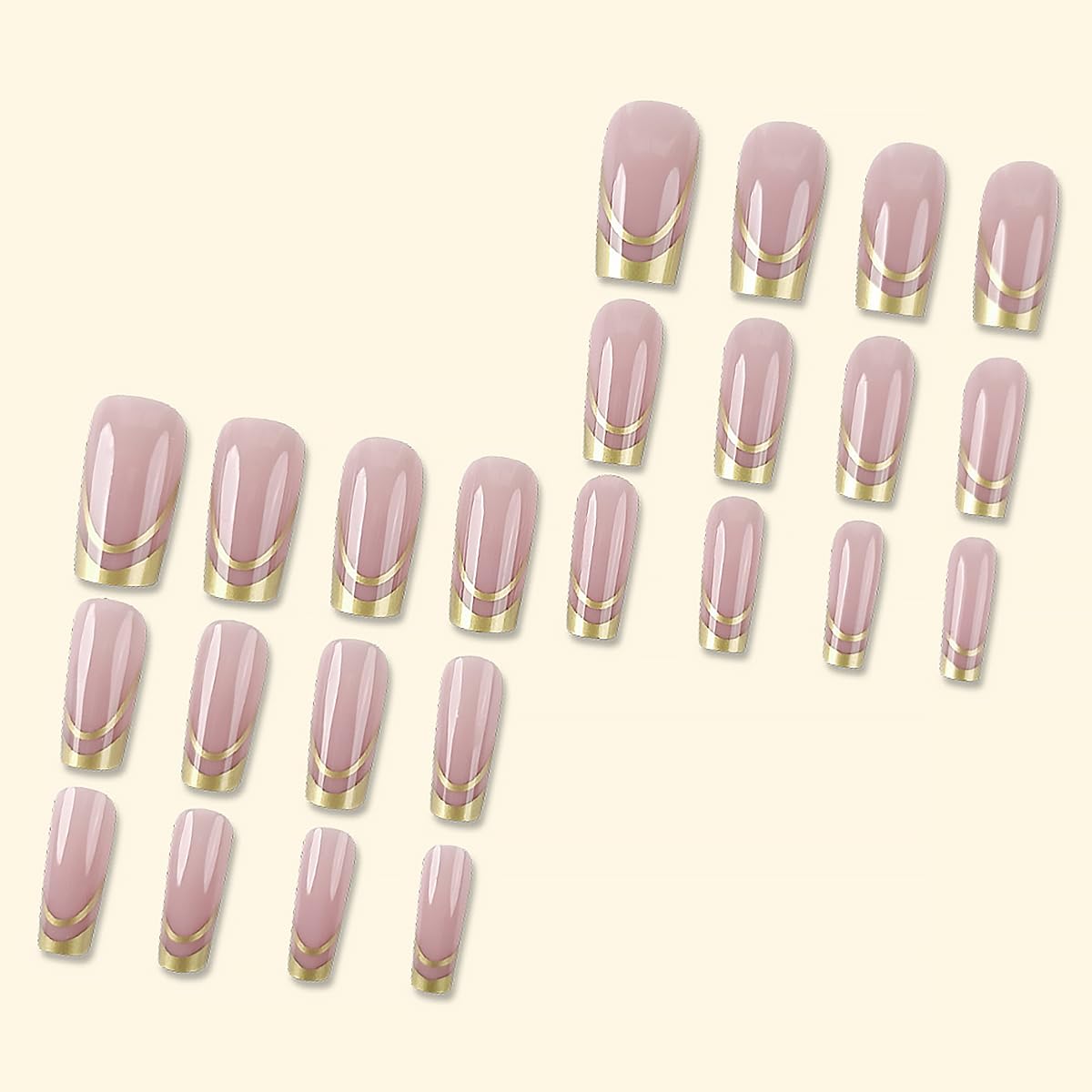 24Pcs Gold French Tip Press on Nails Medium Square Fake Nails with Gilding Line Design Nude Pink Full Cover Artificial Glue on Nails Glossy False Nails Reusable Exquisite Stick on Nail for Women DIY