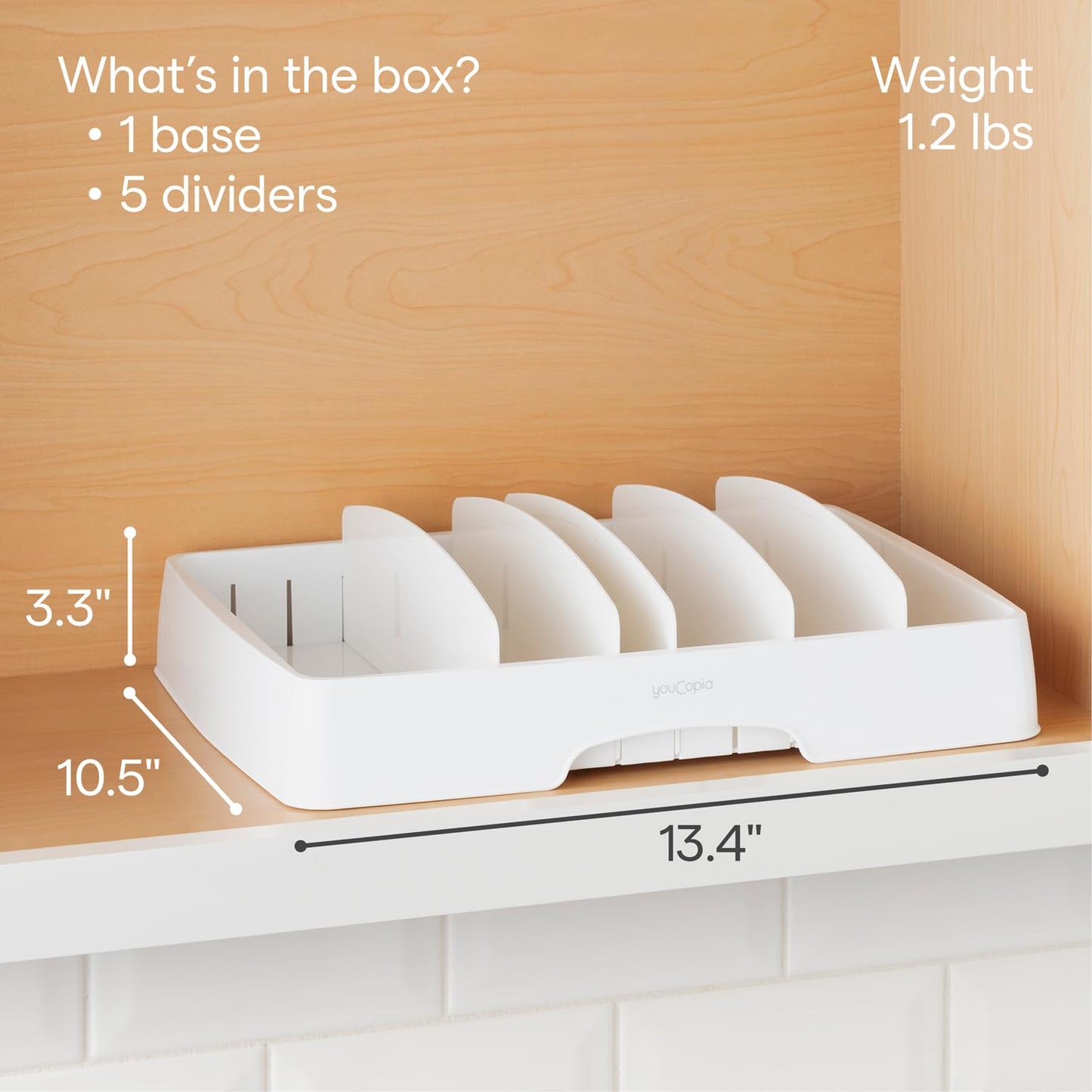 YouCopia StoraLid Food Container Lid Organizer for Kitchen Cabinet Storage with 5 Adjustable Dividers, 10.5''D × 13.4''W × 3.3''H, Large Classic Edition, White