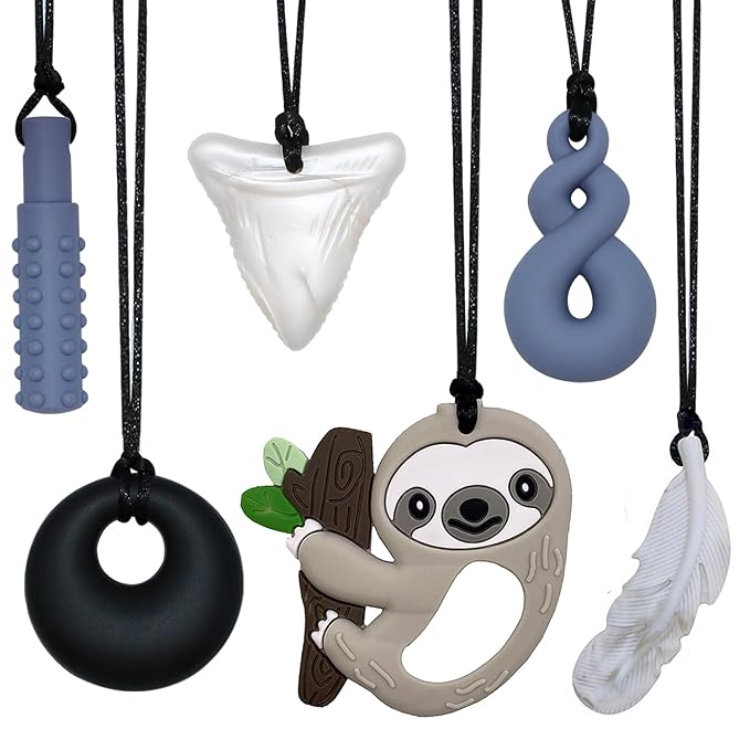 Chew Necklace for Sensory Kids, 6 Pack Silicone Chewing Necklace for Kids Boys Girls with ADHD Autism, Anxiety, Sensory Chew Toys for Autistic Children and Adults Reduce Chewing Fidgeting