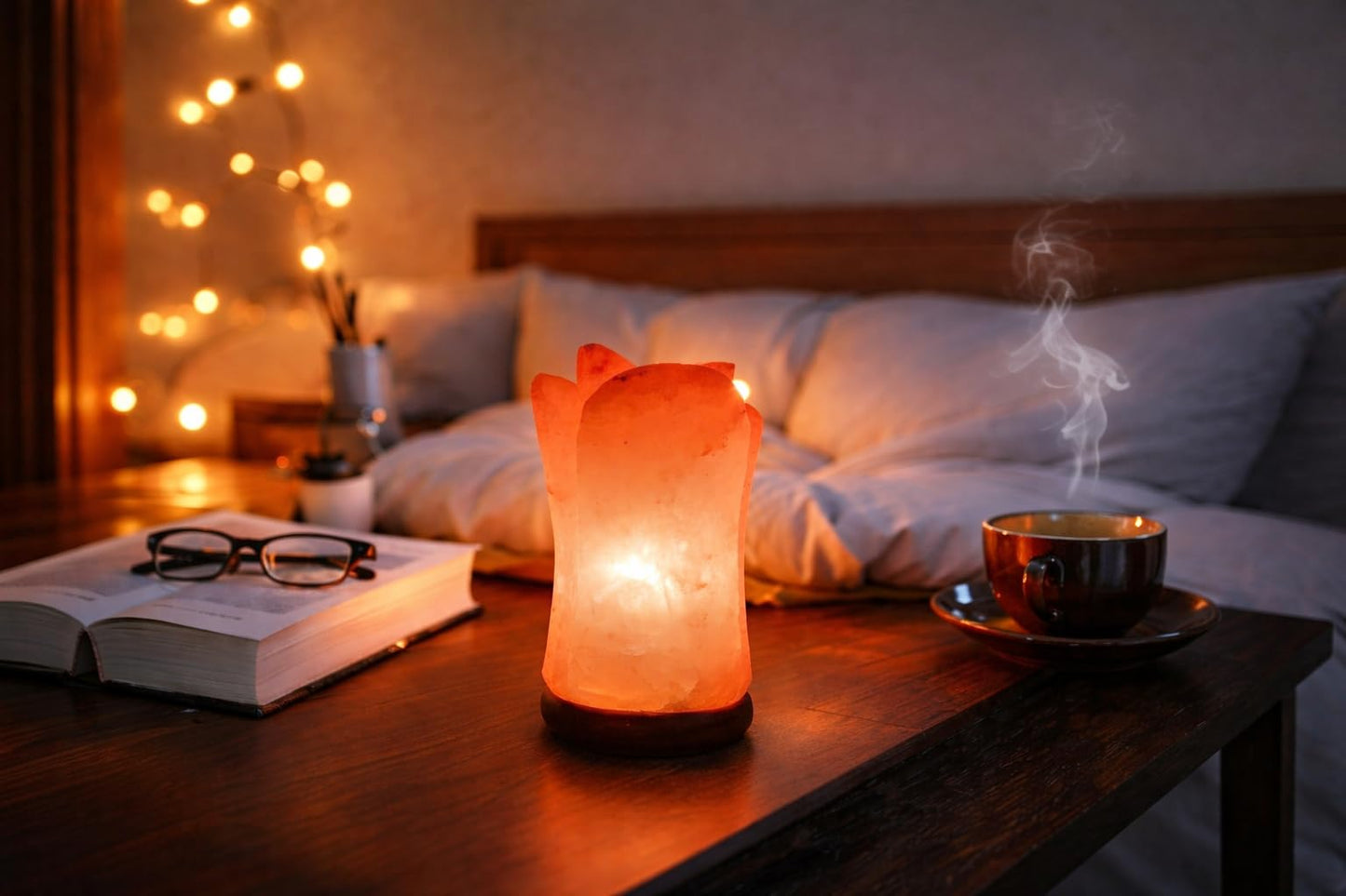 NatureBoost HL Himalayan Pink Salt Flower Shape lamp Wooden Base with dimmer Switch and a Pair of 15W Bulbs. Unique Gift Idea