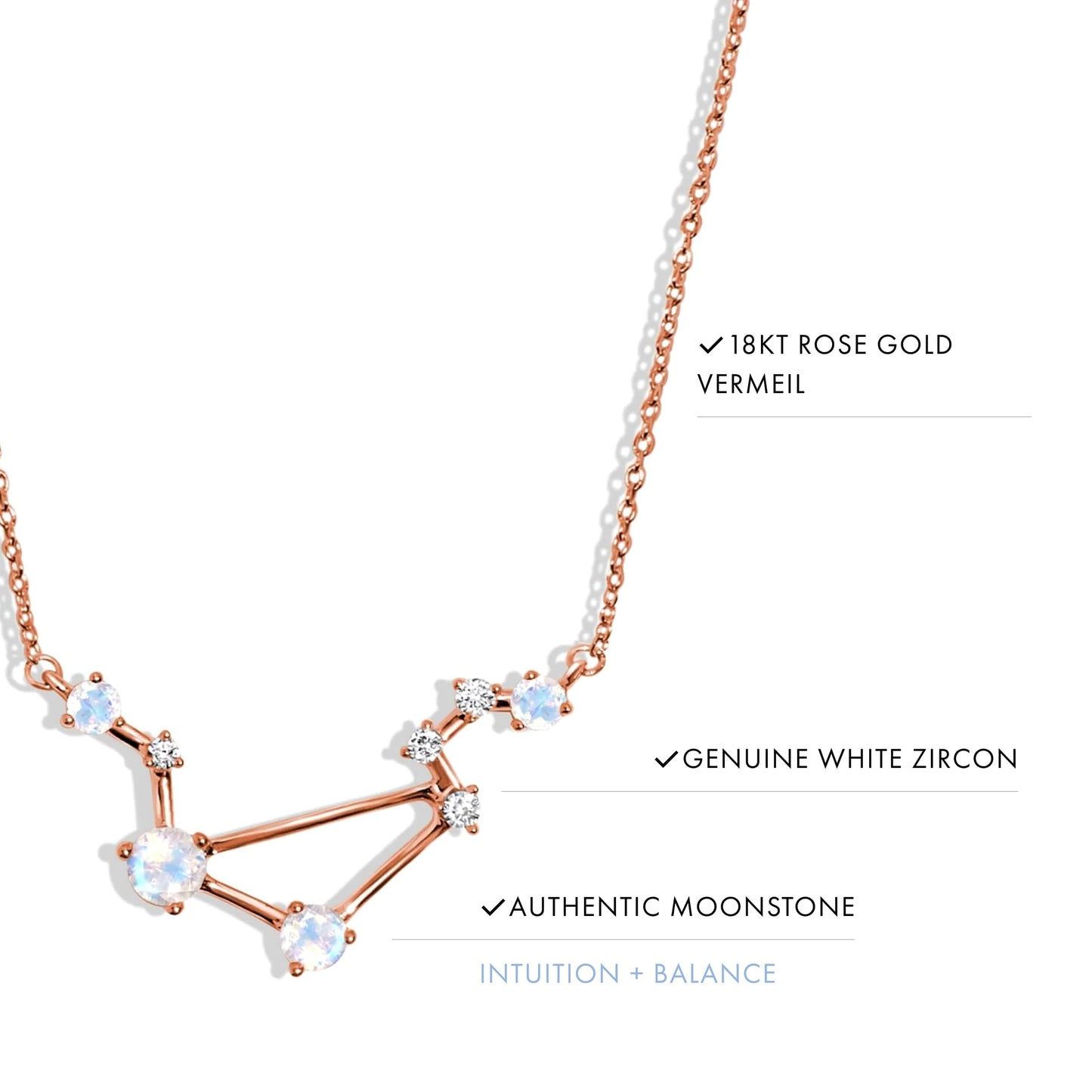 Moon Magic Moonstone Necklace - Libra Zodiac Constellation / 925 Sterling Silver - 18k Rose Gold - Yellow Gold Rainbow Moonstone Necklaces for Women/Authentic Rainbow Crystal Jewelry