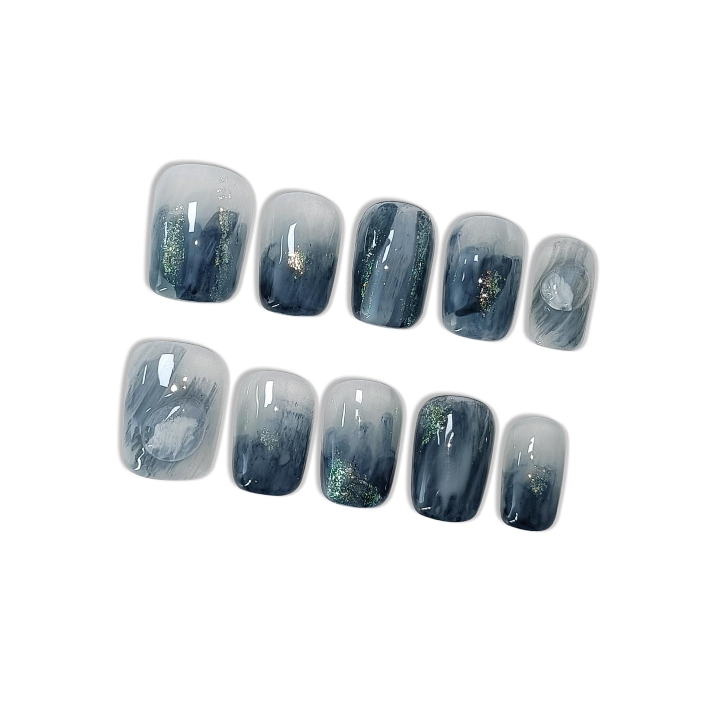 Hantyer Blue Ocean Wave Marbled Press on Nails with 3D Handmade Water Droplets & Gold Glitter, Short Square Glossy Soft Glam Fake Nails, Elegant False Nails for Women Fall Winter Party, Size M