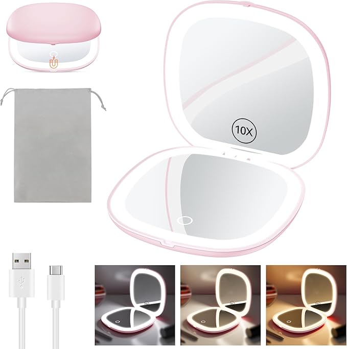 Benbilry 3.9" Rechargeable Compact Makeup Mirror with 3 Light Colors and Magnification 1X / 10X, Double Light Strip Dimmable Small LED Travel Mirror for Purse, Light Pink