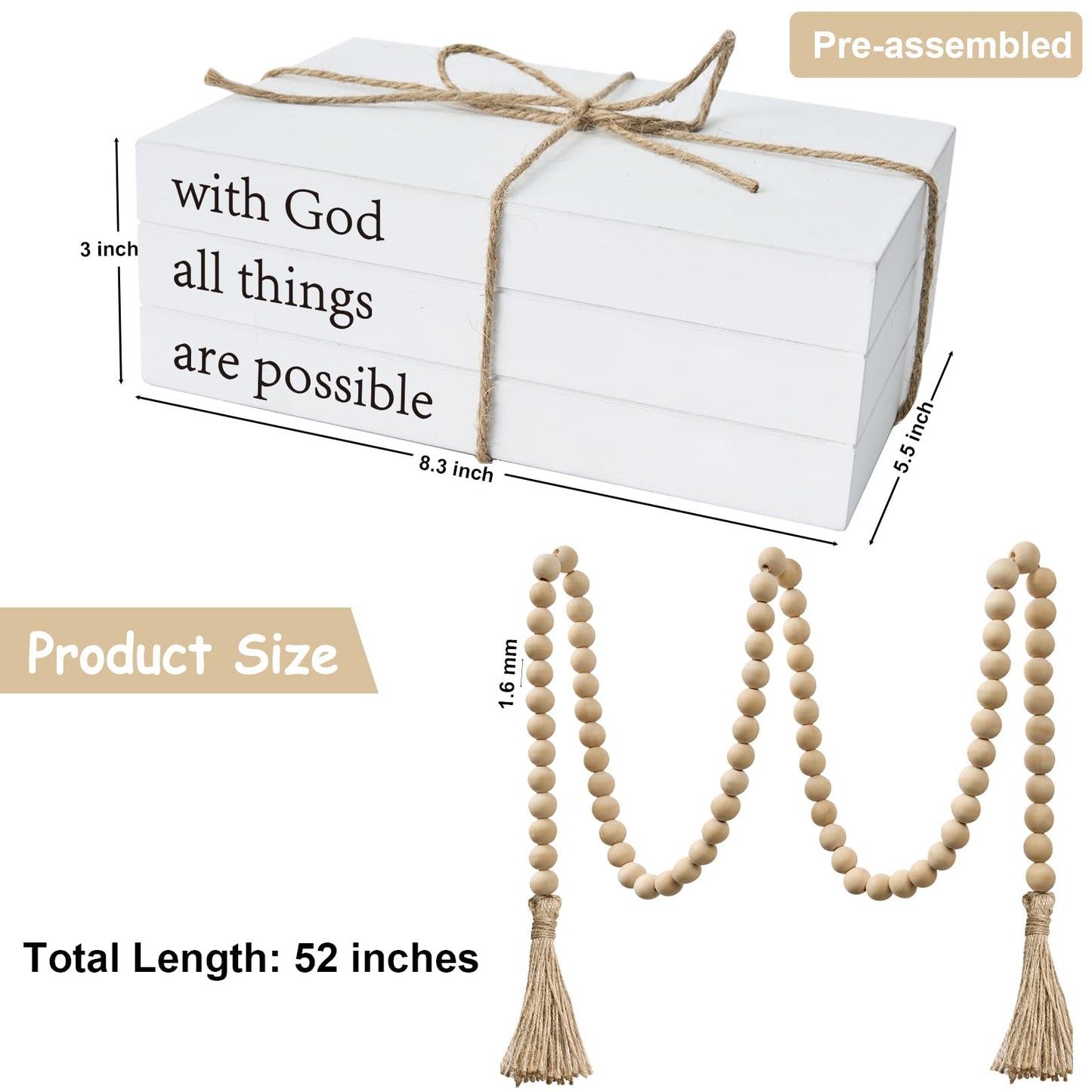 Decorative Books for Home Decor, White Faux Books for Decoration, Rustic Farmhouse Stacked Display Books (with God All Things are Possible)