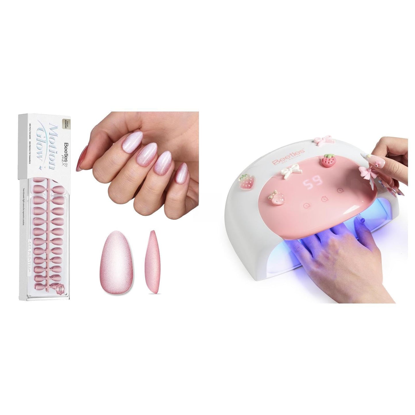 Beetles Motion Glow Nail Tips, 160PCS 16 Sizes Short Almond Cat Eye Magnet Soft Gel Blossom & UV LED Nail Lamp, Candy White 30/60/90s Timer Countdown Smart Sensor Dryer