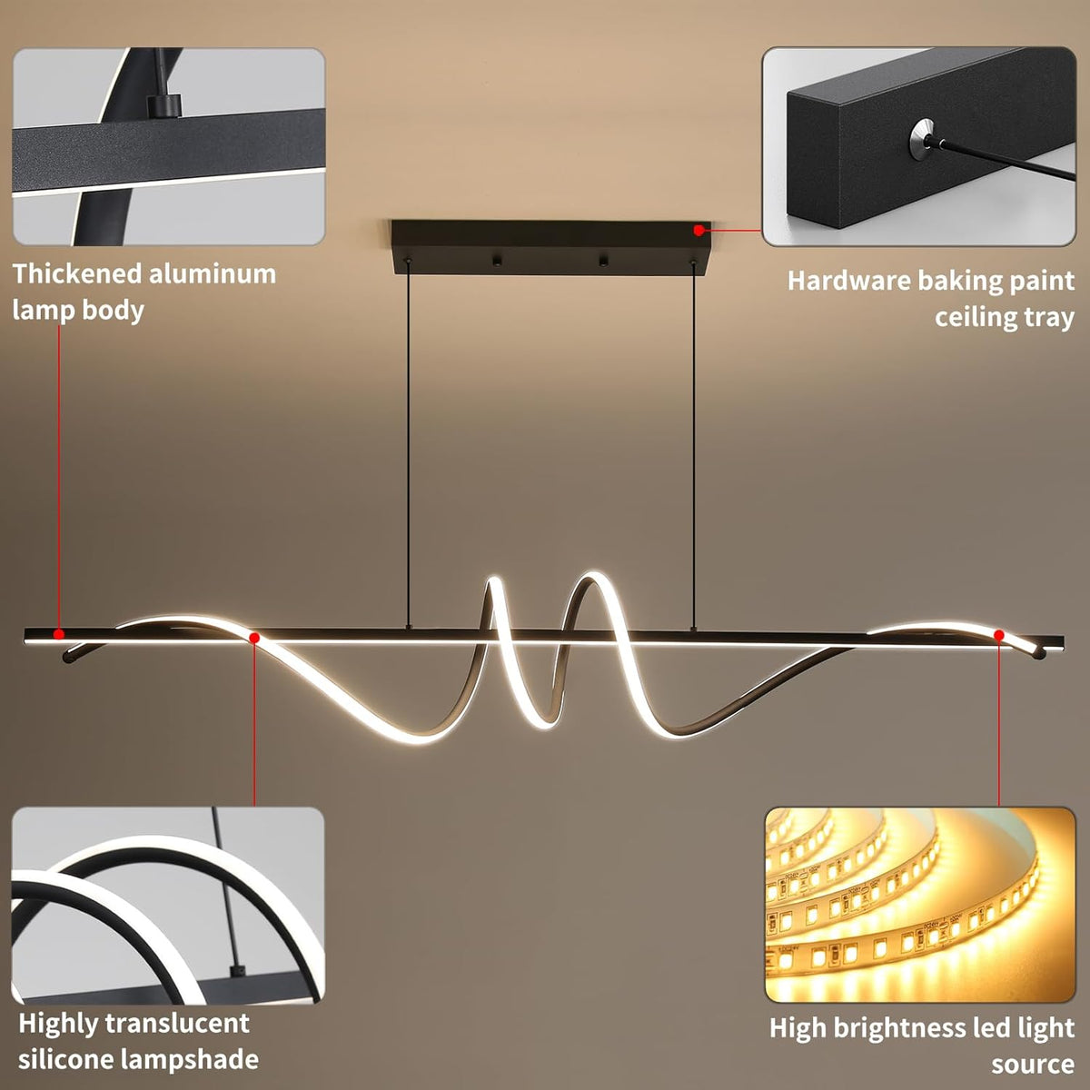 Modern Ceiling Chandelier Light, Anti Flicker Pendant Lamp with Remote Control Dimmable 3 Color Mode & Brightness (Warm Cool Neutral Light) for Kitchen Bar