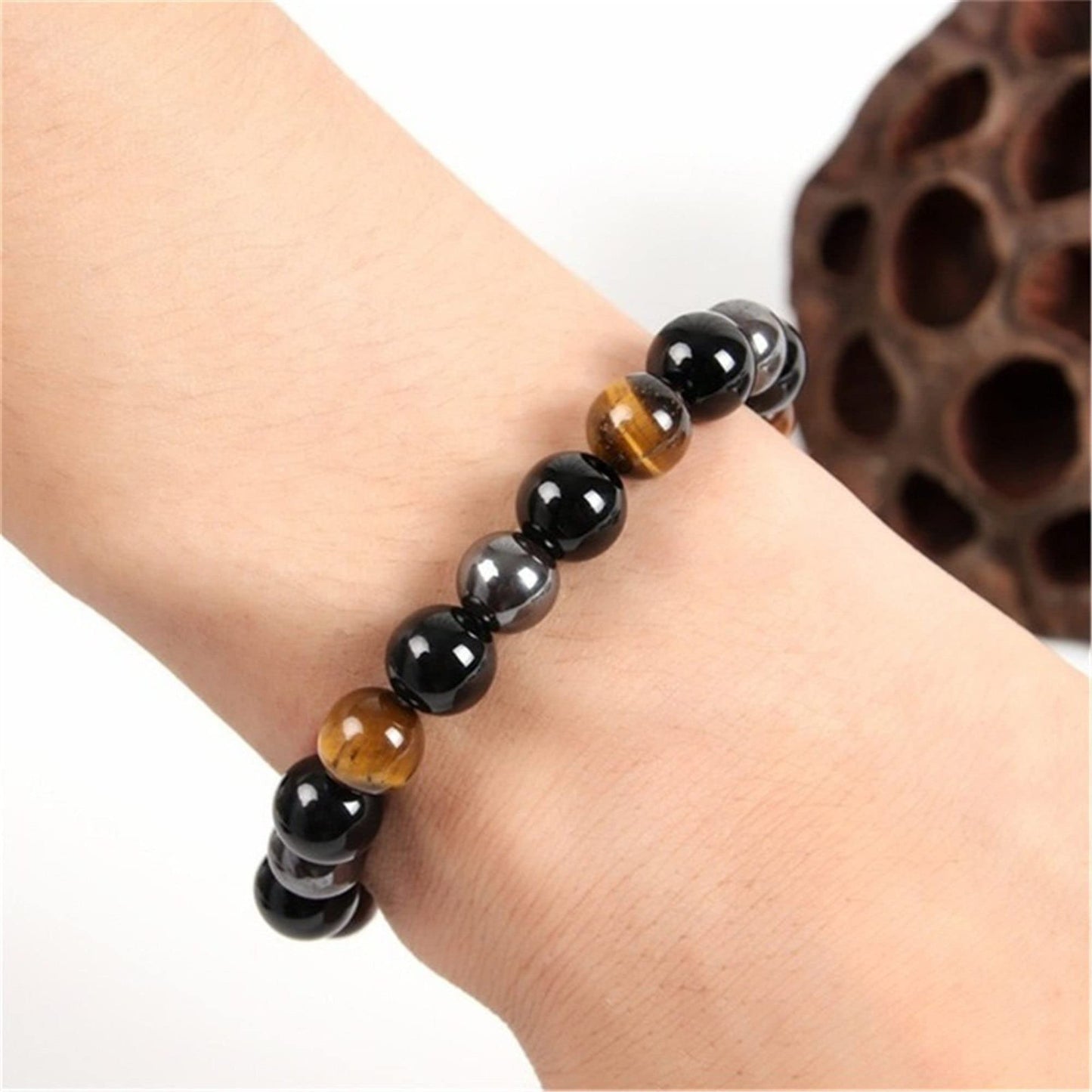WEFRIN Triple Protection Bracelet for Bring Luck and Prosperity Hematite Black Obsidian Tiger Eye Stone Bracelets for Men Women, Beaded Buddha Rope Uni Bracelet (2pcs) (F)