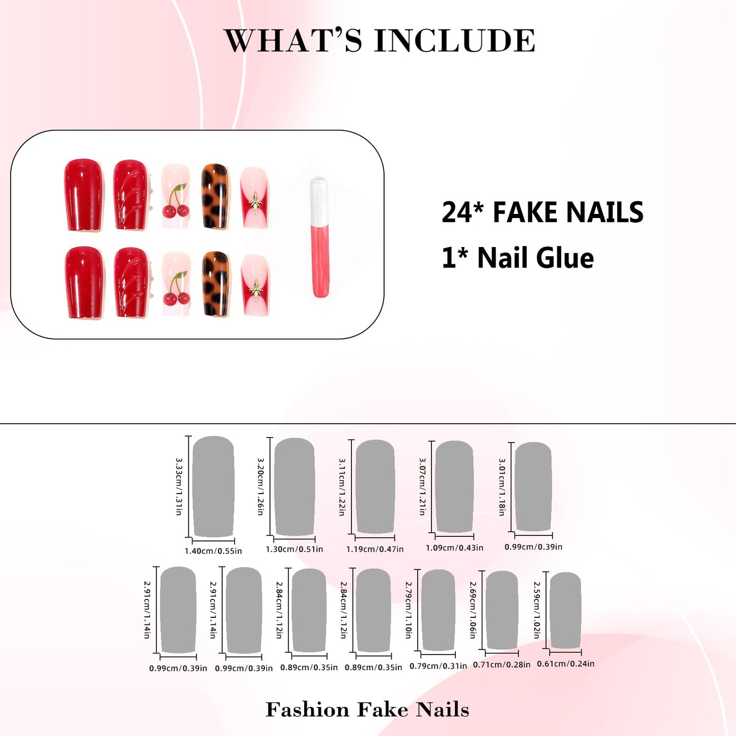 IMRAIN Press on Nails Long Square Fake Nails with 3D Cherry, Leopard Print Designs Glue on Nails Brown Red Acrylic False Nails for Women