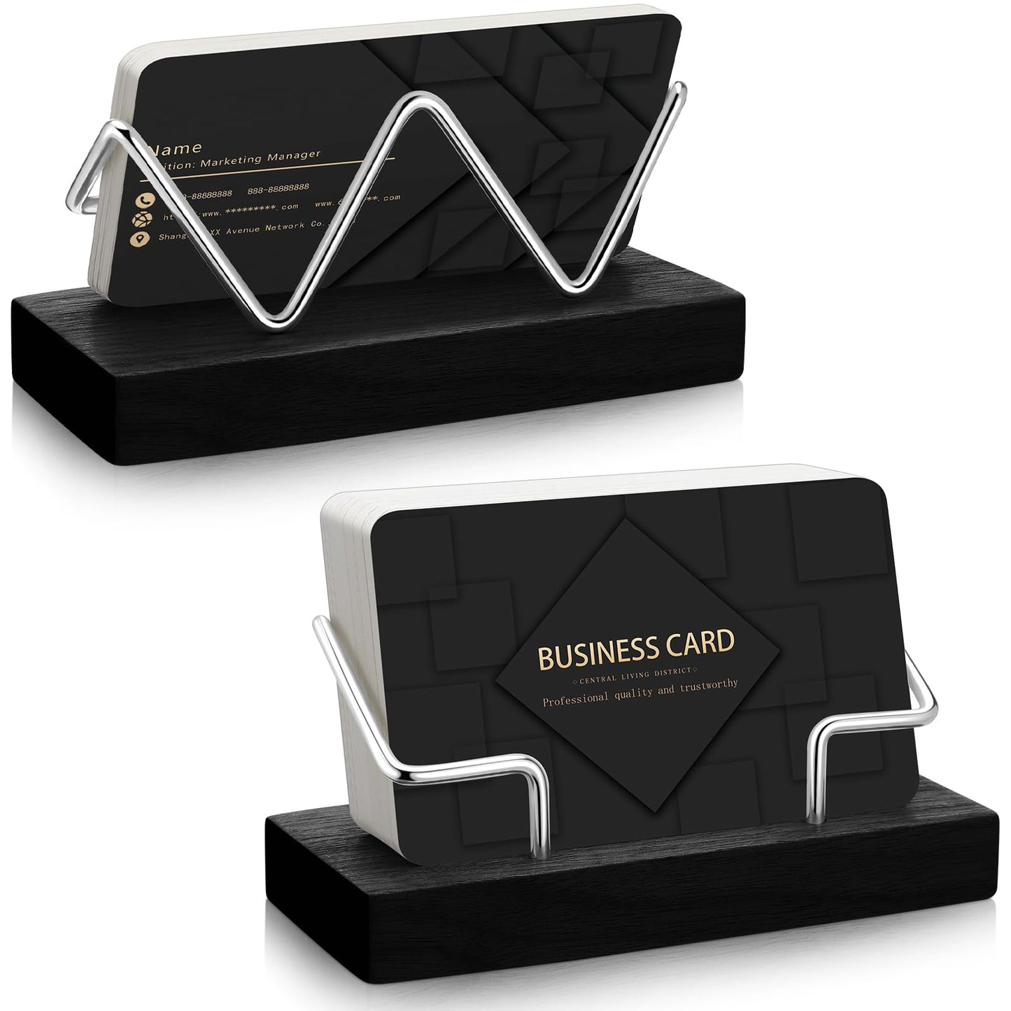 Amyhill 2 Pieces Wood Business Card Holder for Desk Wooden Business Card Display Stand Postcard Holder for Office Home Desktop (Black, Silver)