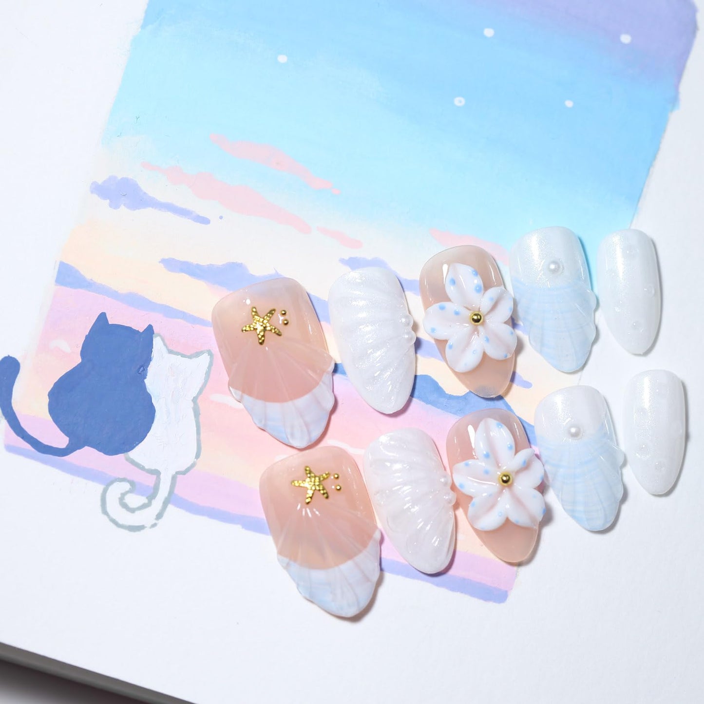 10 Short Almond Handmade Press On Nails | French design with 3D Floral and Seashell | Skip Salon Trips, Easy to Apply & Remove, Reusable (251208, S)