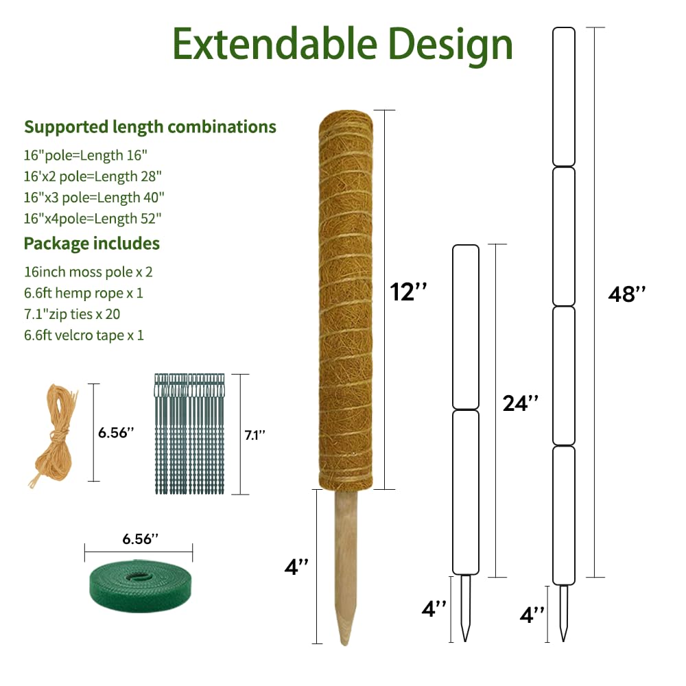 Moss Pole Monstera Plant Support: 4 Pack 16 inch Stackable Coco Coir Moss Totem Stake Tall Plants Rod Stand Grow Stick Moss Holder for House Live Plant,Indoor Climbing Potted,Vine,Pothos,Philodendron