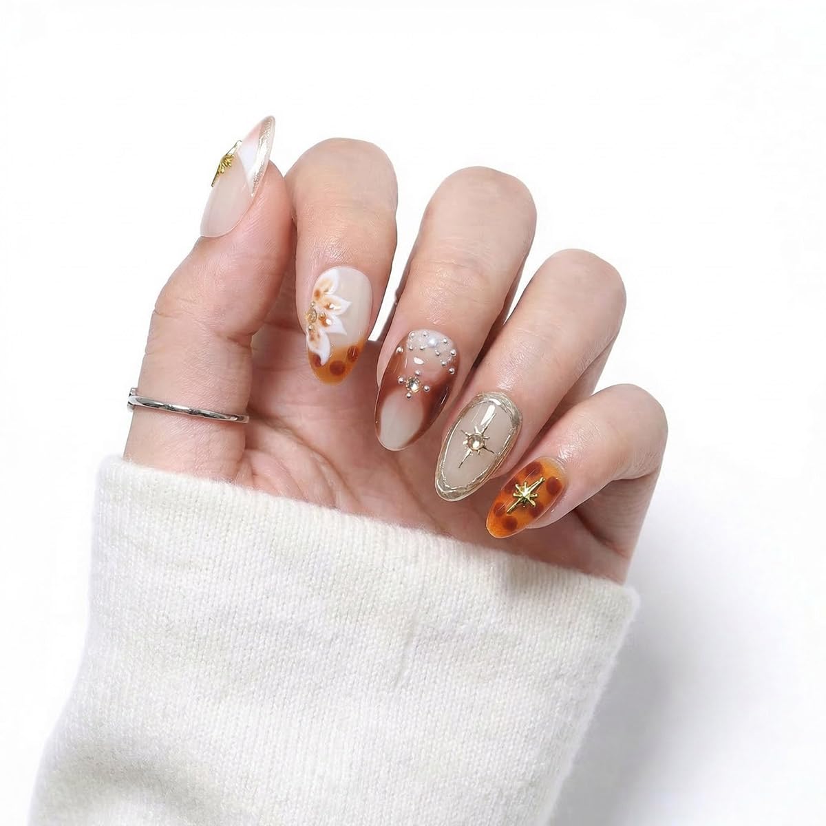 10 Pcs Short Almond Handmade Press On Nails | Amber Gradient with Gold Starburst & 3D Floral Accents | Reusable, Easy to Apply & Remove, Salon-Quality Manicure (RR15, XS)