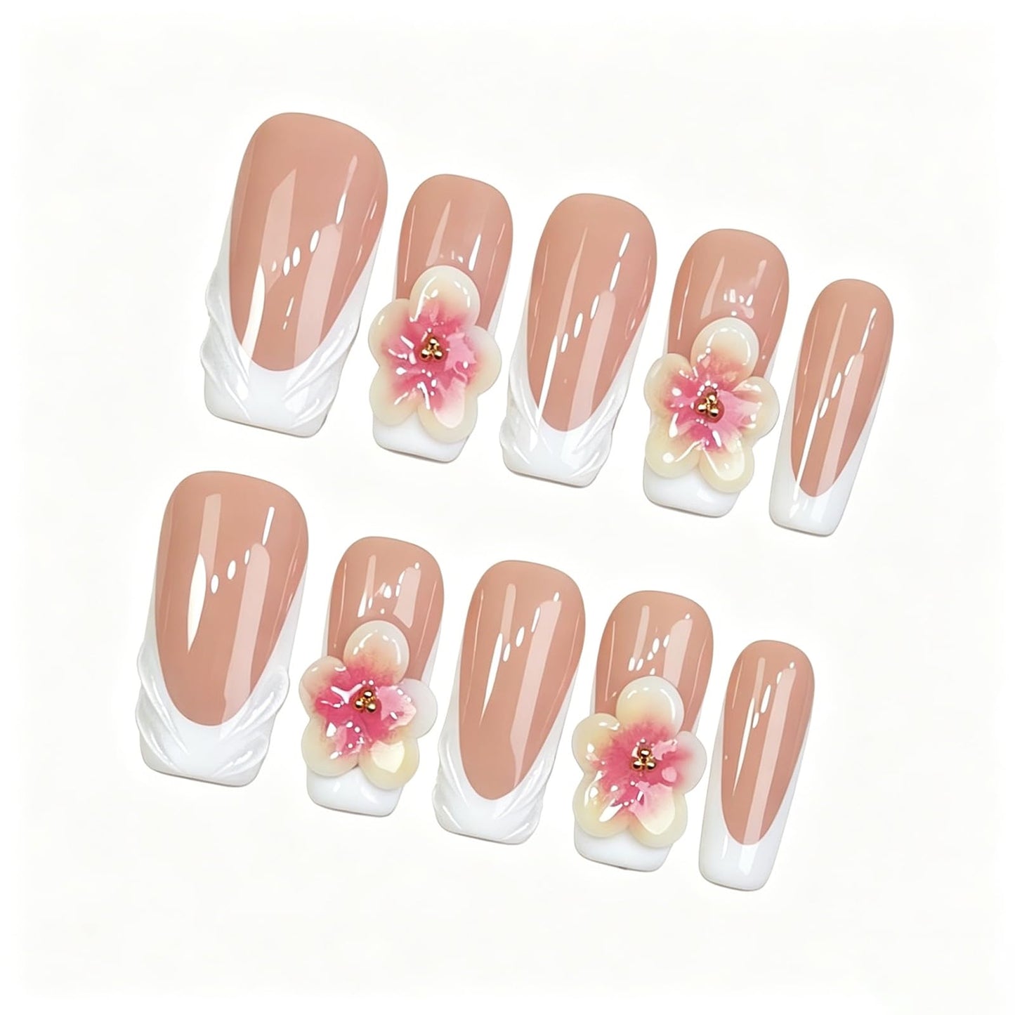 Exylixor Handmade Press on Nails Long Square - 3D Art Flower & White French Tip Fake Nails, Luxury Nude False Nails with Scalloped Wave Edge, 10 Pack for Women (Size M)