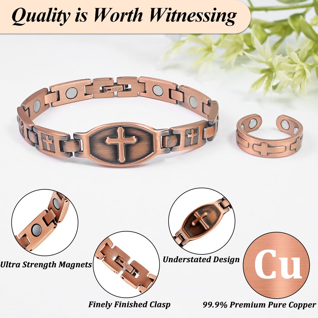 Vicmag Copper Magnetic Bracelet for Women 99.9% Solid Pure Copper Strong Magnets Jewelry Gift Adjustable Length