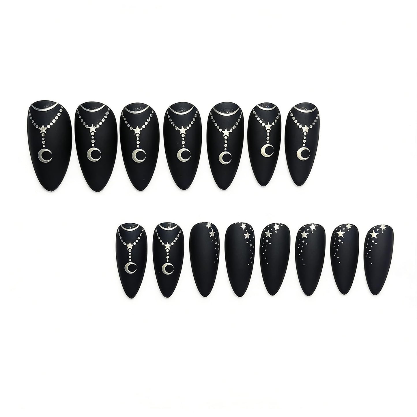 Medium Press on Nails Black Fake Nails Starry Night False Nails with Moon Star Chain Design Almond Shape Artificial Nails Full Cover Starry Sky Acrylic Nails Matte Stick on Nails for Women 24Pcs