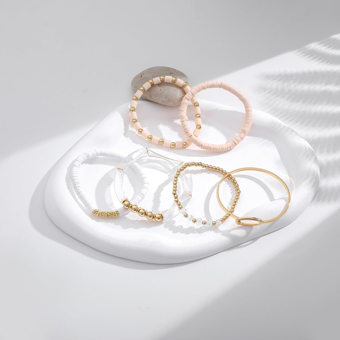 GOOJIDS Simple Beaded Gold Bangles Bracelet Chunky Bamboo Tube Curved Stacking Clear Acrylic Colorful Beads Stretchable Gold Bracelets Set For Women