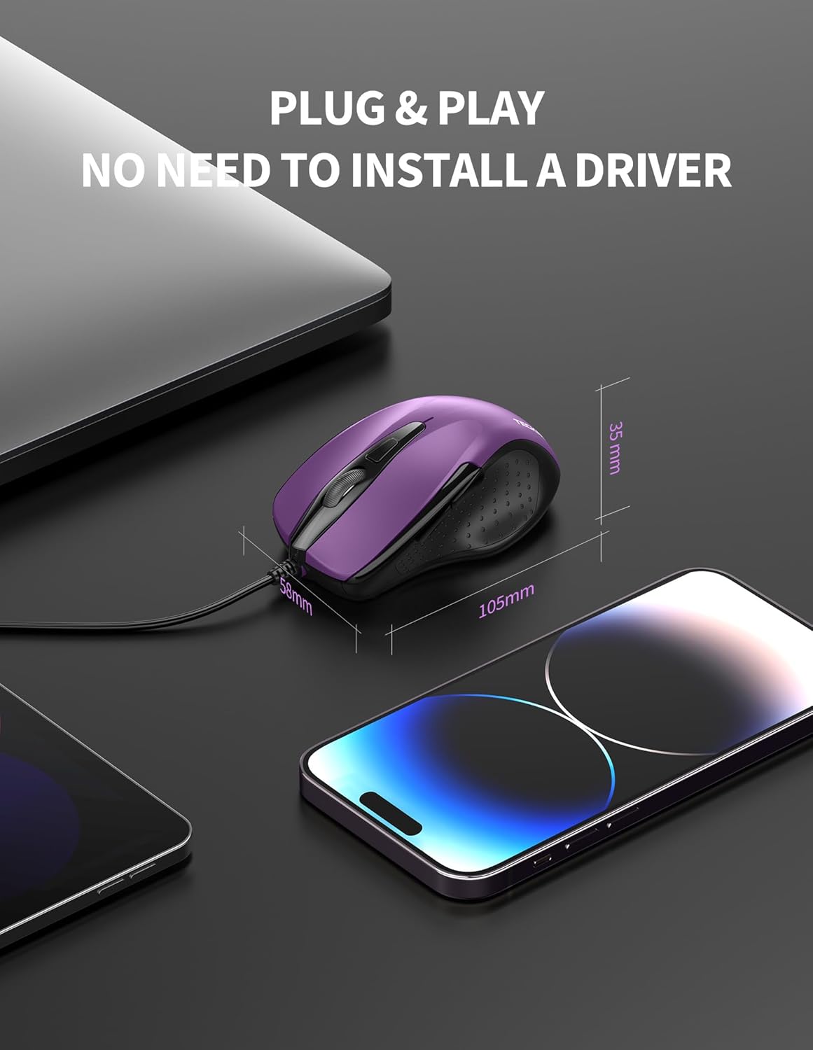 TECKNET USB Wired 6-Button Mouse With 4 Adjustable DPI, Optical Computer With Ergonomic Design and 5FT Cord for Laptop, Chromebook, PC, Desktop, Mac, Notebook - Purple