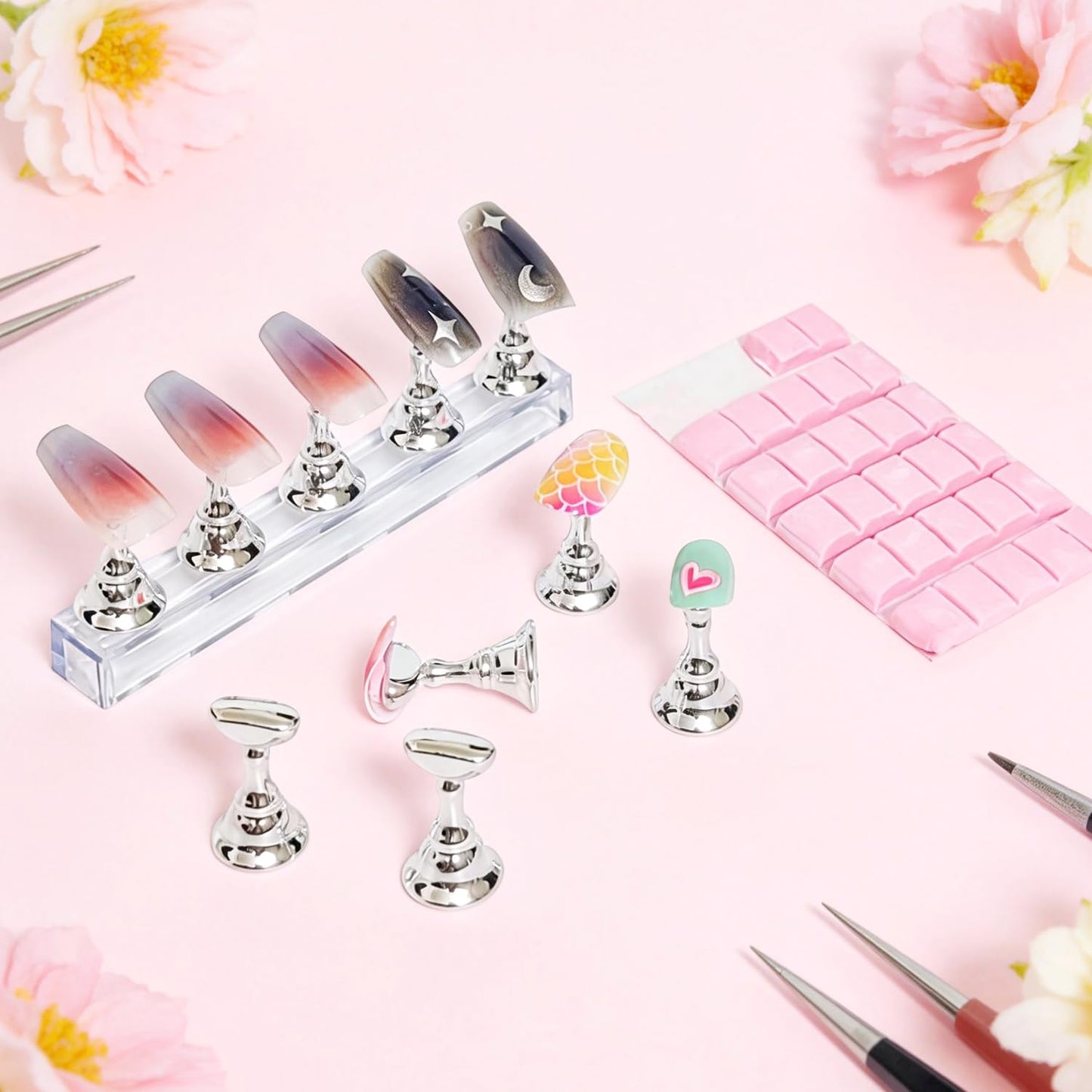Press On Nail Packaging Kit, 50pcs Nail Instruction Display Cardboard, 50 Packaging Bag, 2pcs Display Stand, Adhesive Putty, Transparent Tape for Handmade Nails Business (50pcs black+ nail stand)