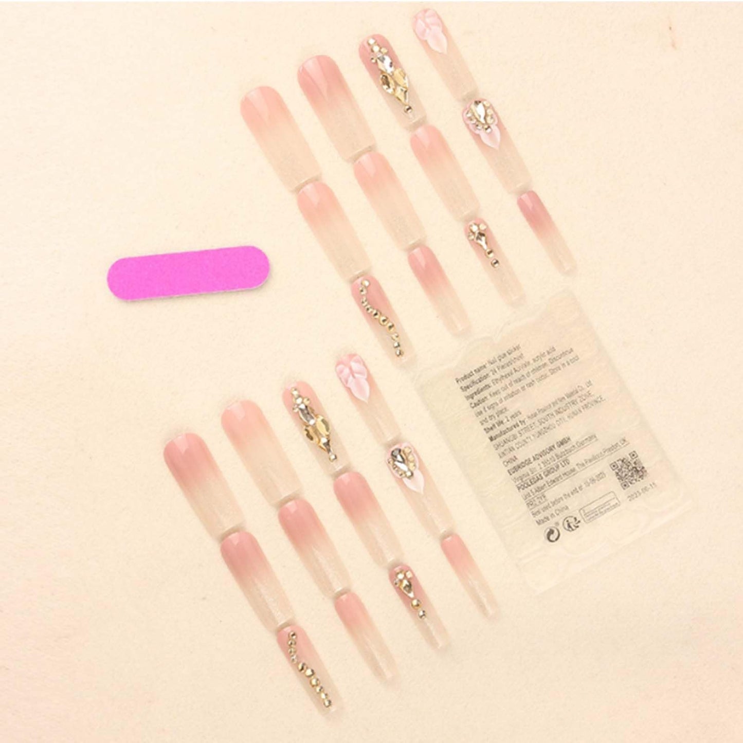 Gifiky Long Gradient Press on Nails Square Fake Nails Nude Nails Tips Full Cover Crystal Gem Design False Nails for Women and Girls 24Pcs