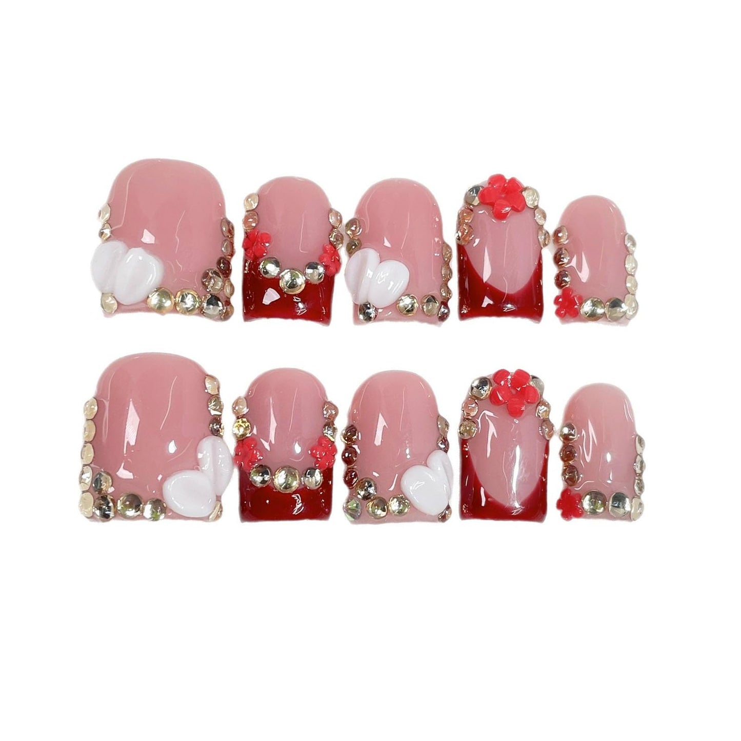 10 Pcs Handmade Press on Nails Short Square Fake Nails with 3D Rhinestones Flower Design Burgundy French Tip False Nails Pink Acrylic M Size Press Ons Nails Square for Women