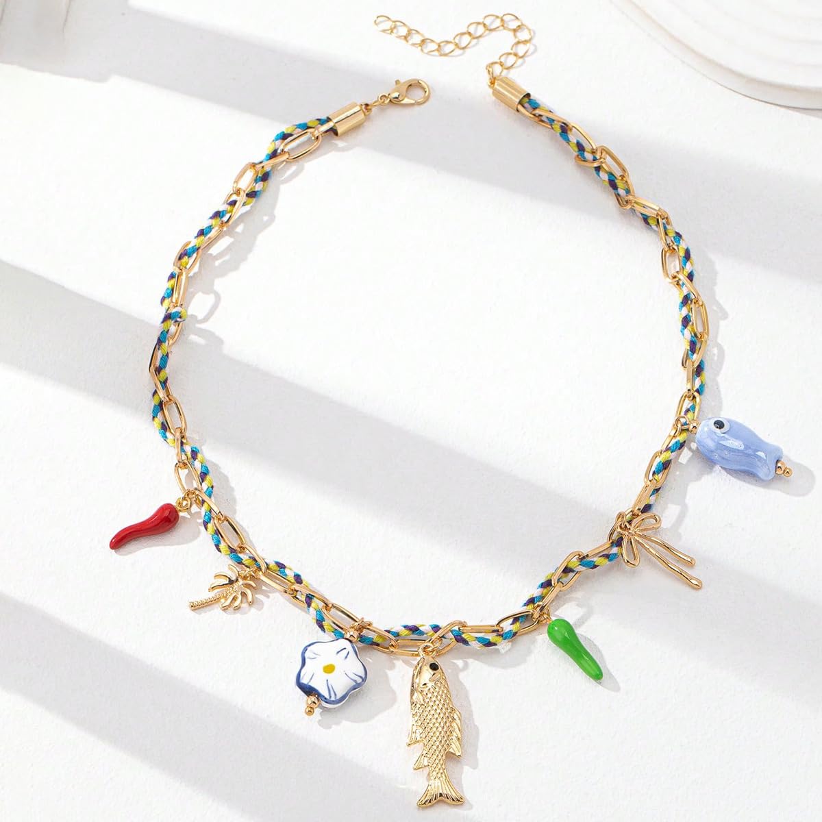 BlingNook Gold Charms Necklace For Women, Colorful Charm Beachy Fish Conch Seashell Heart Pepper Cool Ocean Layered Stackable Summer Holiday Jewelry (Gold Fish)