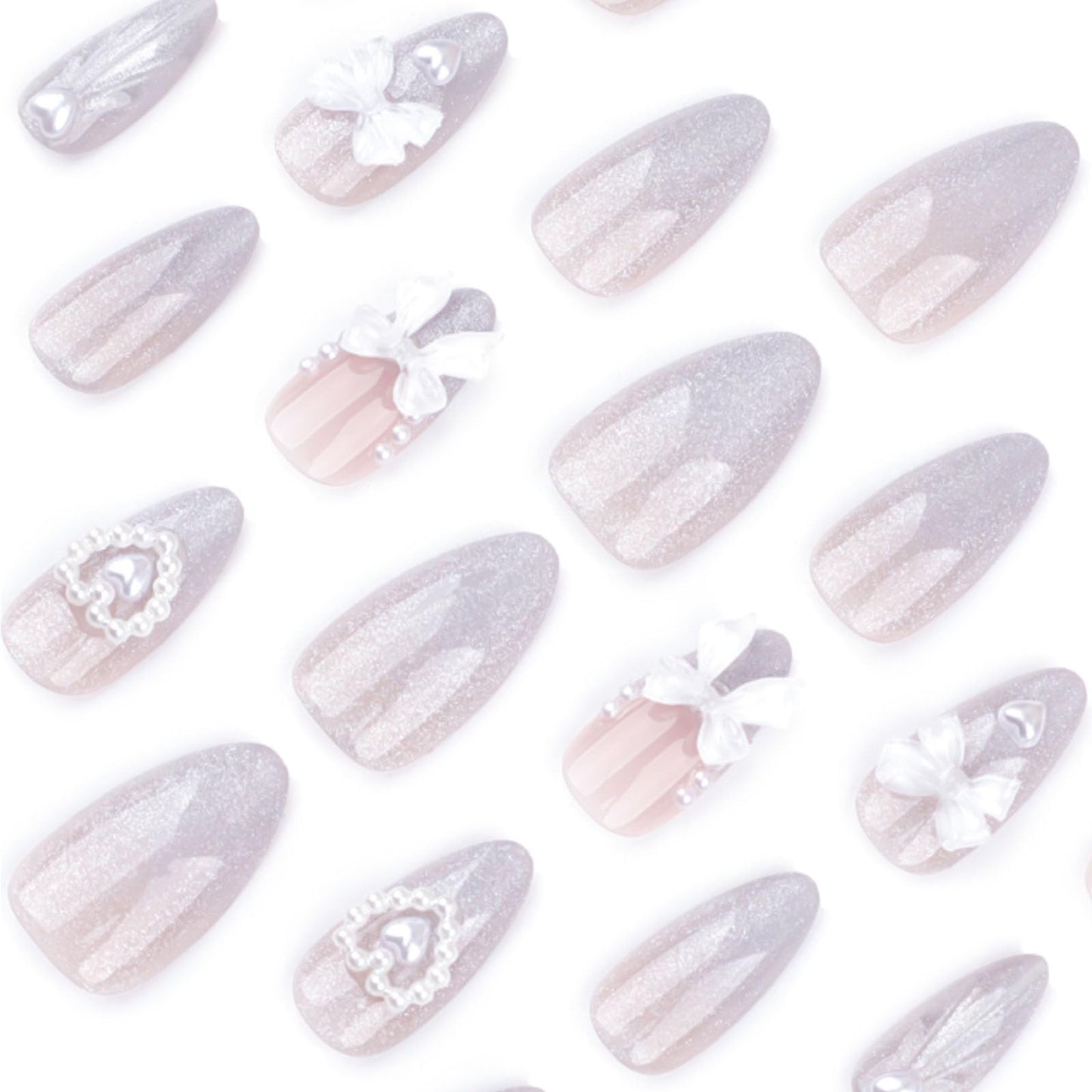 Hkanlre Medium Flower Press on Nails Pearl Rhienstones Fake Nails Tips Full Cover Almond False Nails for Women 24PCS