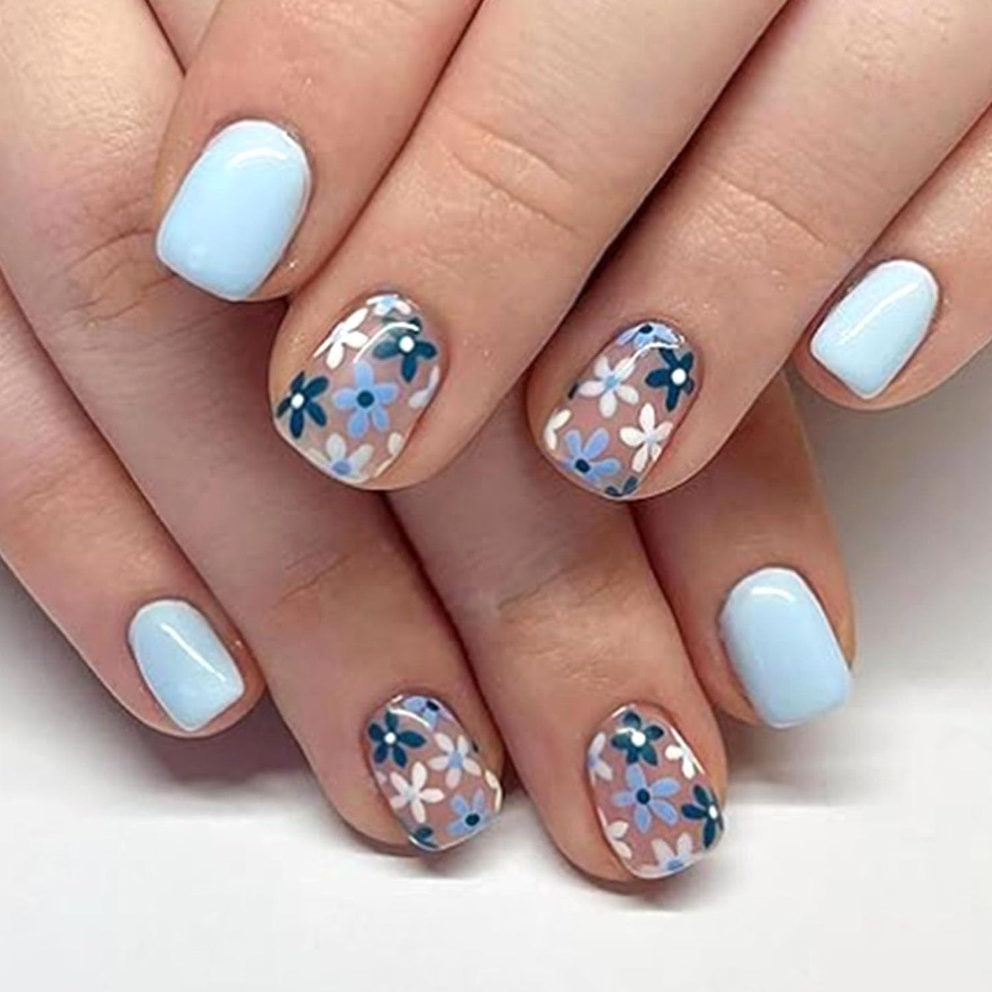 Blue Press on Nails Short Glue on Nails Flowers Fake Nails with Square Designs Cute Full Cover Nails Press ons Summer Artificial Sweet Stick on Nails for Women 24 Pcs