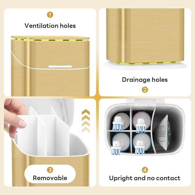 Toothbrush Holders with Cover - Electric Toothbrush Length Less Than 9 inches, 5 Slots Tooth Brush Holder for Bathroom, Detachable Toothpaste Holder Bathroom Organizers with Drainage, Gold