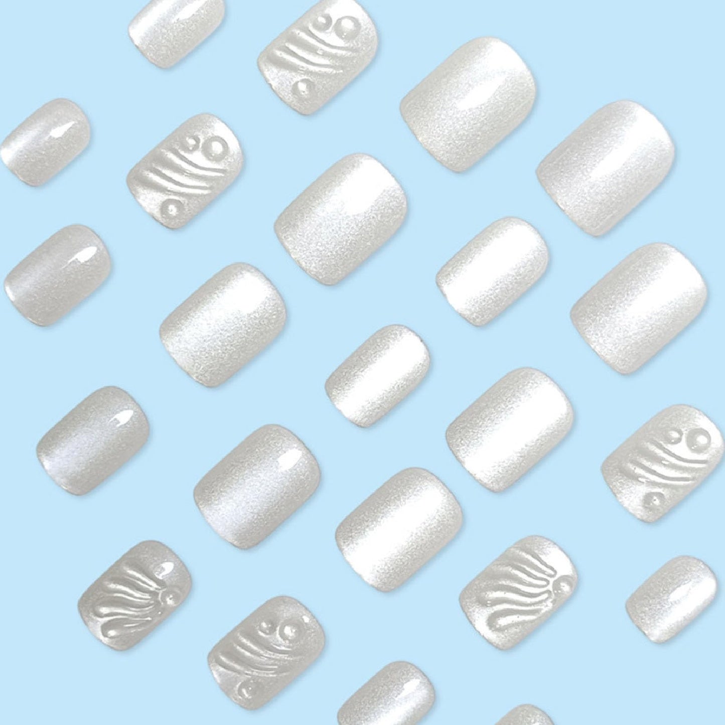 Cat Eye Press on Nails Short Square Fake Nails with 3D Ripple Designs Nails Press ons White Glue on Nails Simple Stick on Nails for Women 24Pcs