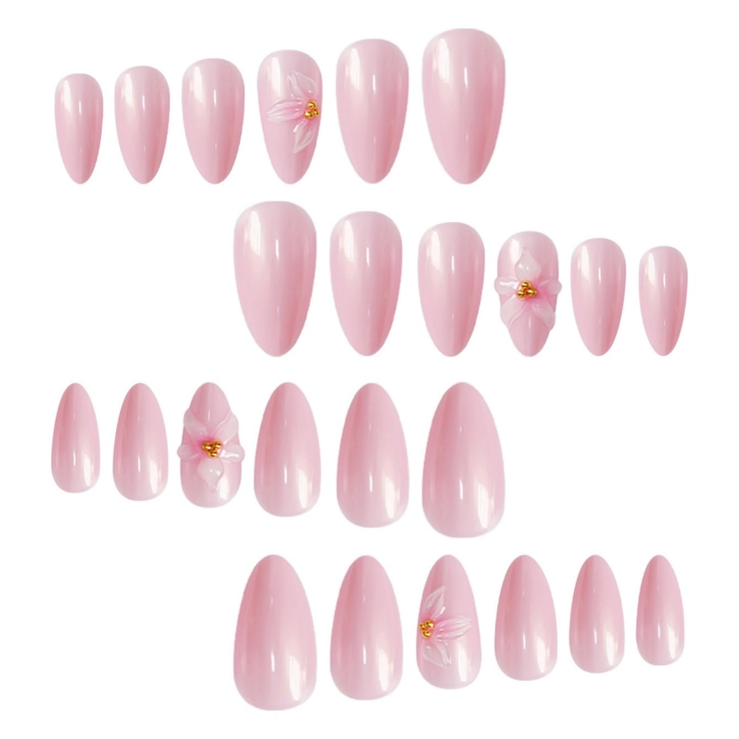 SEENEEY Almond Press on Nails Long Fake Nails Pink Floral Stick on Nail for Women 24pcs