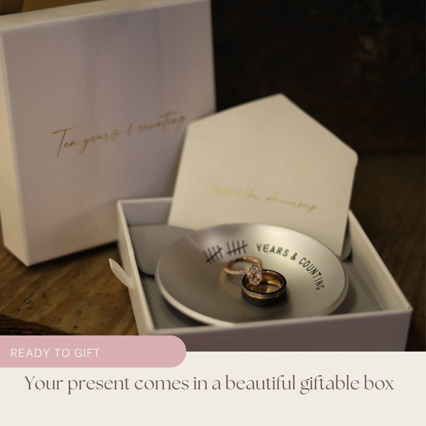 PureRejuva 10th Anniversary Tin Gifts – 4 In., Engraved, Aluminum Wedding Ring Holder Dish & Gift Box – 10 Year Wedding Gift for Him & 10 Year Anniversary for Her Textured Style