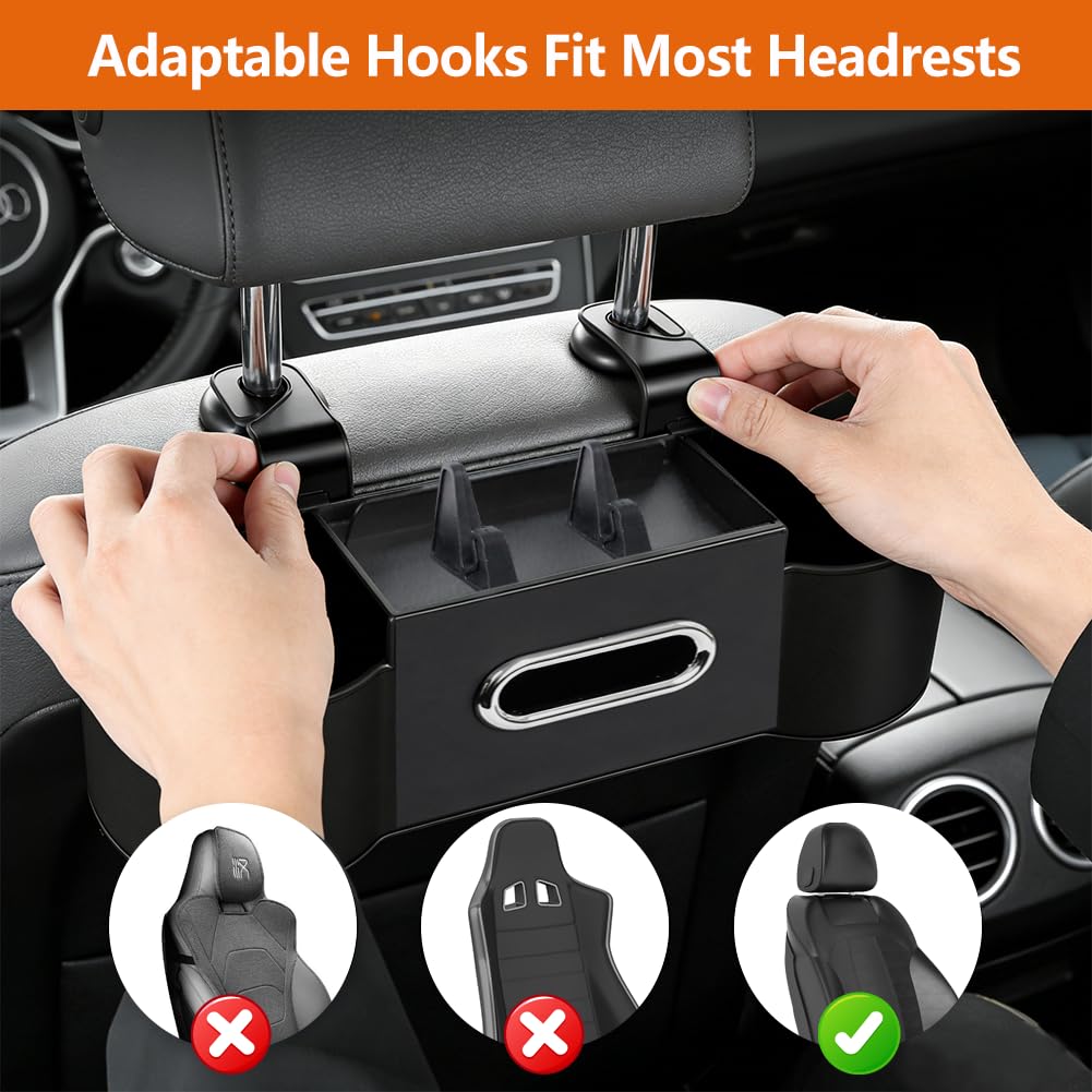 SEILETOO Back Seat Car Organizer with Car Seat Storage Hanging Bag, 4 in 1 Multifunctional Car Seat Back Storage Box, Car Organizer Back Seat with Tray, Hold Phone,Snacks, Drinks, Handbag