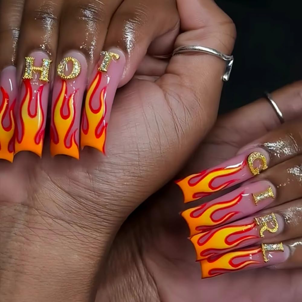 48Pcs Curved Press on Nails Orange Red Flame Press on Toenails Long Fake Nails with 5D Letters Charm Design Glossy Rhinestones Fake Toenails Glossy Full Cover Nails Press on Set for Women Manicure