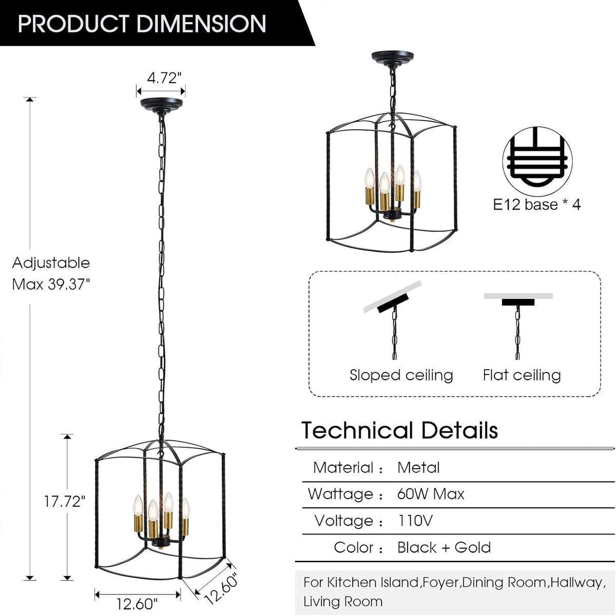 Farmhouse 4 Lights Pendant Light, Industrial Black Lantern Chandelier with E12 Gold Base Metal Cage Rustic Geometric Hanging Light Fixtures for Kitchen Island Foyer Entryway Dining Room
