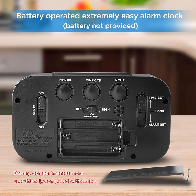 Peakeep Night Light Digital Alarm Clock Battery Operated Indoor Temperature | Small Cordless Cute Clock for Bedroom Desk Travel, Simple to Use for Teens Kids (Black)