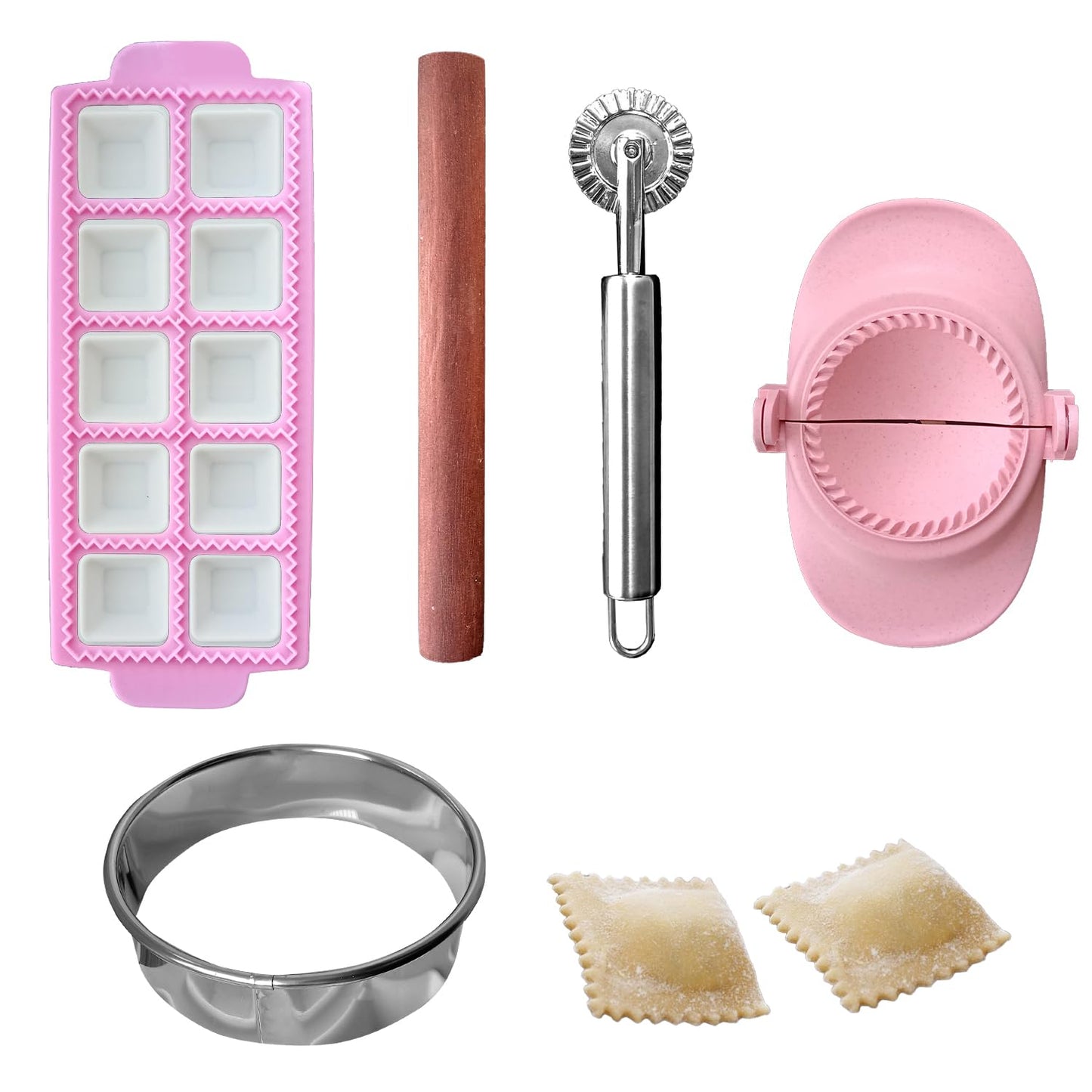 Ravioli Maker Press, Ravioli Press Mold Set, 1.4" Squares Ravioli Stamp Maker Cutter with Wood Rolling Pin, 2.6" Empanada Maker Press Kit with Dough Cutter and Ravioli Wheel, Makes 10 Ravioli