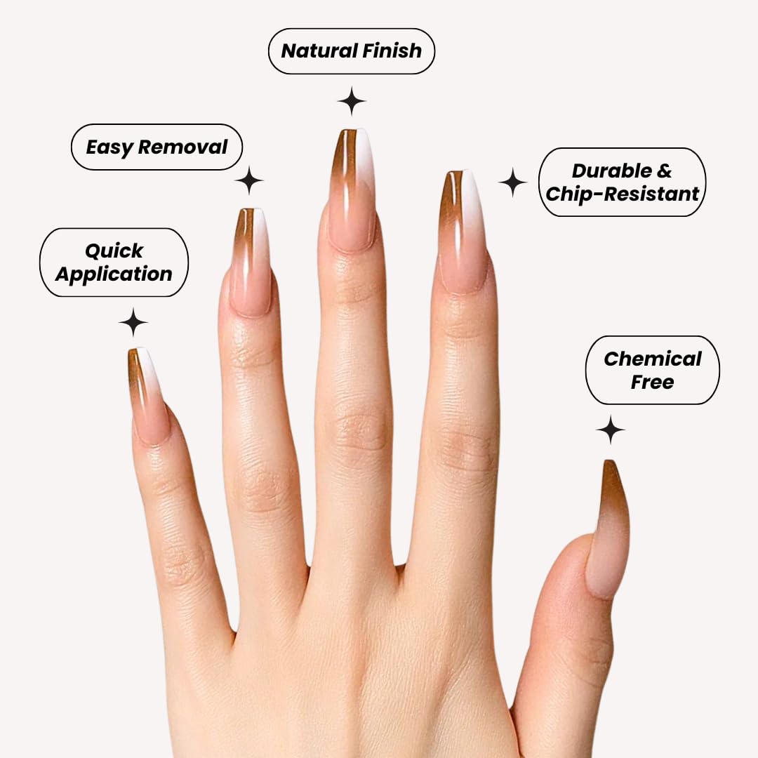 PerfectLook Press On Nails - Chic Glaze | No Glue One-Day Long Coffin Nails, Glossy Pink Swirl French Fake Nails - 24 Pcs Nail Kit with Adhesive Tabs