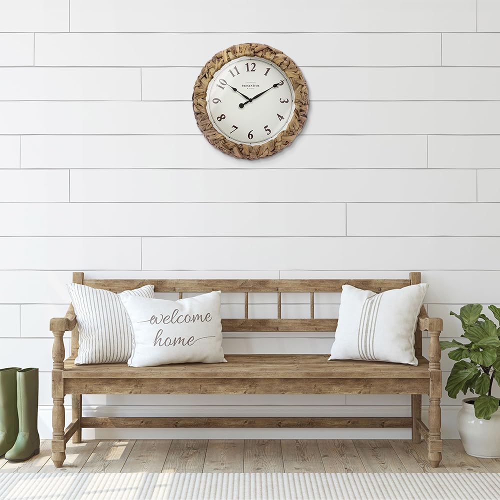 Presentime & Co. Farmhouse Series, Rustic Woven Clock, 12.6 inch, Natural Woven Water Hyacinth/Sea Grass. Wall Sculpture, Wall Art and Timepiece for Home Decoration/Decoration/Farmhouse Décor