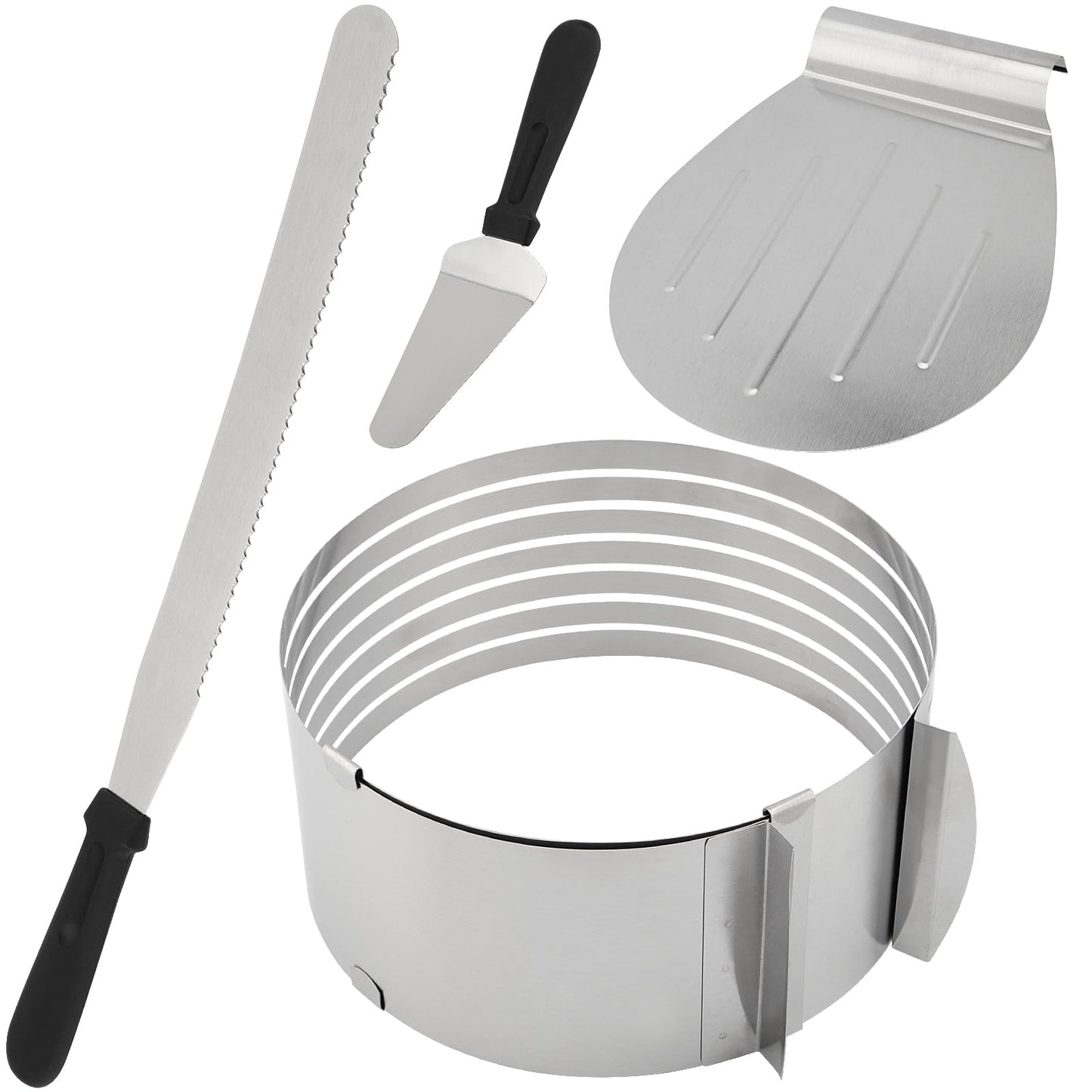 ZEONHEI 4 PCS Cake Making Supplies, 6 to 12 Inch Adjustable Cake Cutter Leveler and Stainless Steel Cake Ring Mold Set with 1 Cake Lifter and 1 Cake Cutting Knife, 7 Layer Cake Slicer Cutter