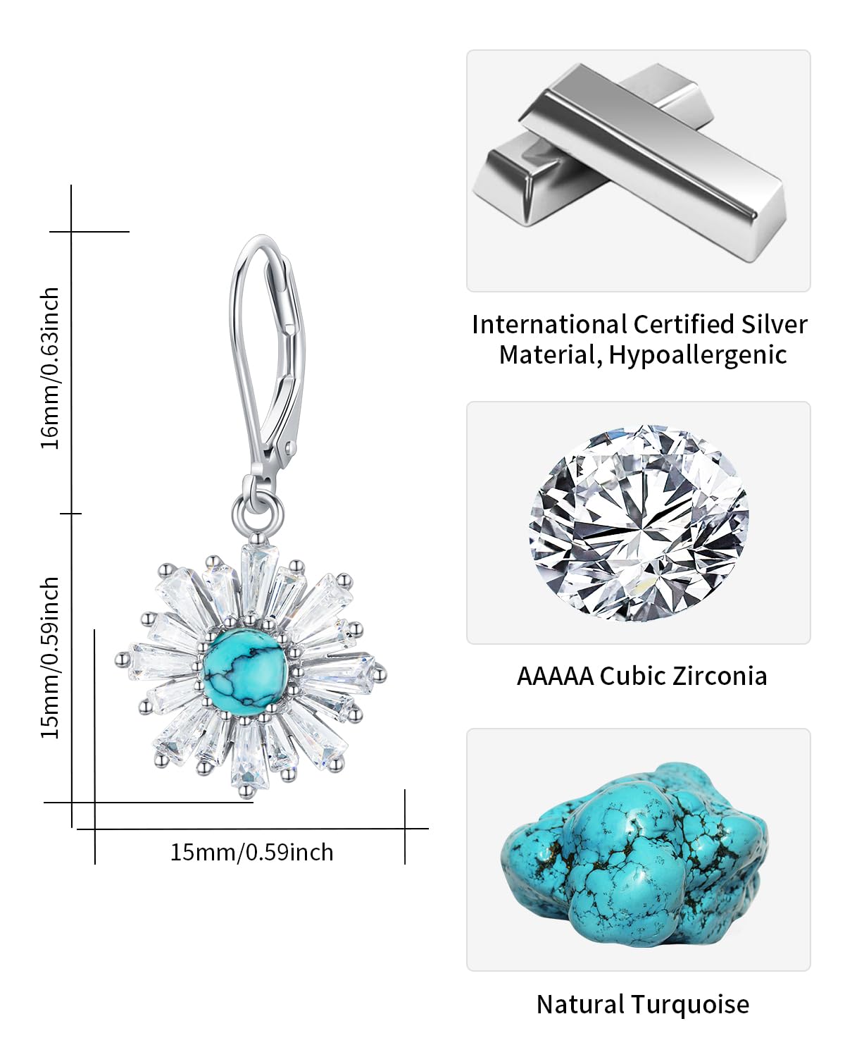 BDL Cubic Zirconia Flower Genuine Turquoise Leverback Earrings Sterling Silver Dangle Drop Jewelry for Women