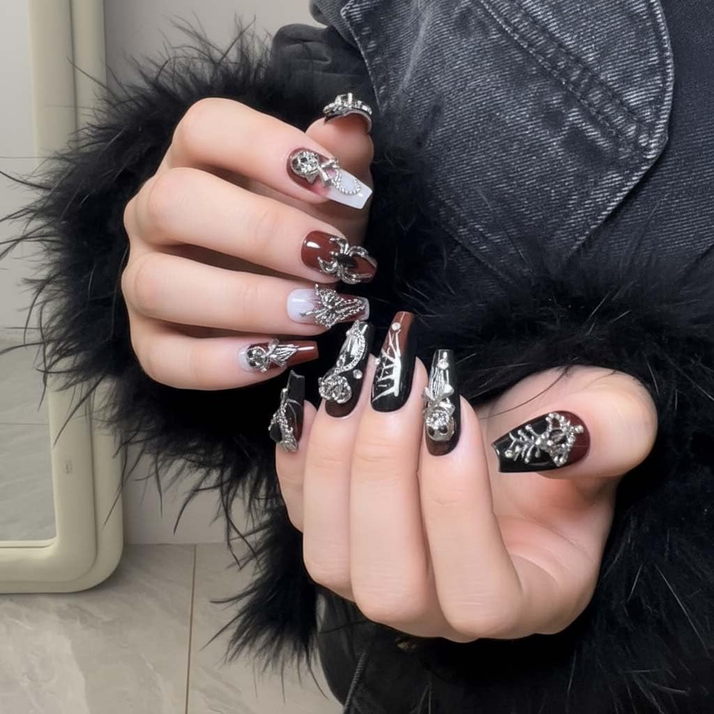 Handmade Skeleton Press On Nails long Coffin Reusable Stick On Fake Nails Luxury Elegant Sexy Style For Women Gift With Nail Glue Red Black L