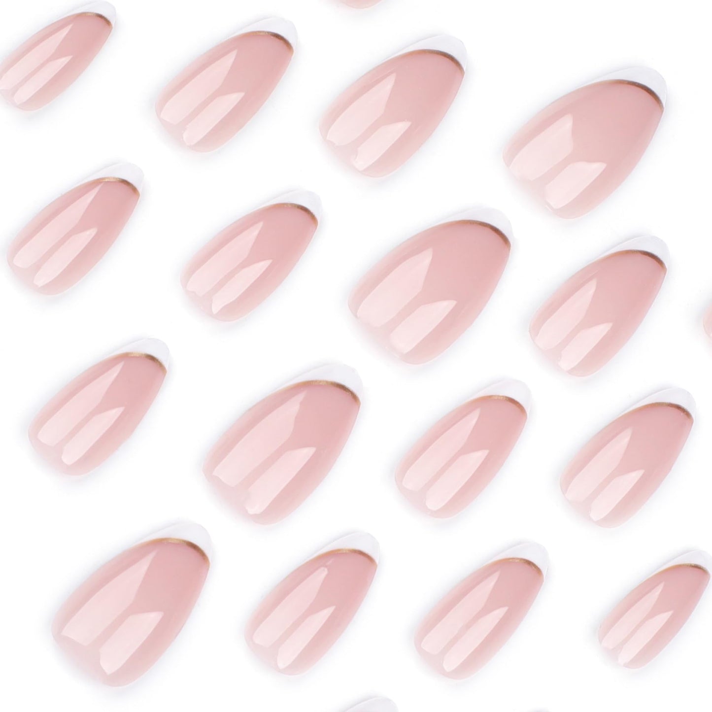French Tip Press on Nails Almond Fake Nails with Gold Line Design Medium Full Cover Stick on False Nails for Women Manicure 24Pcs