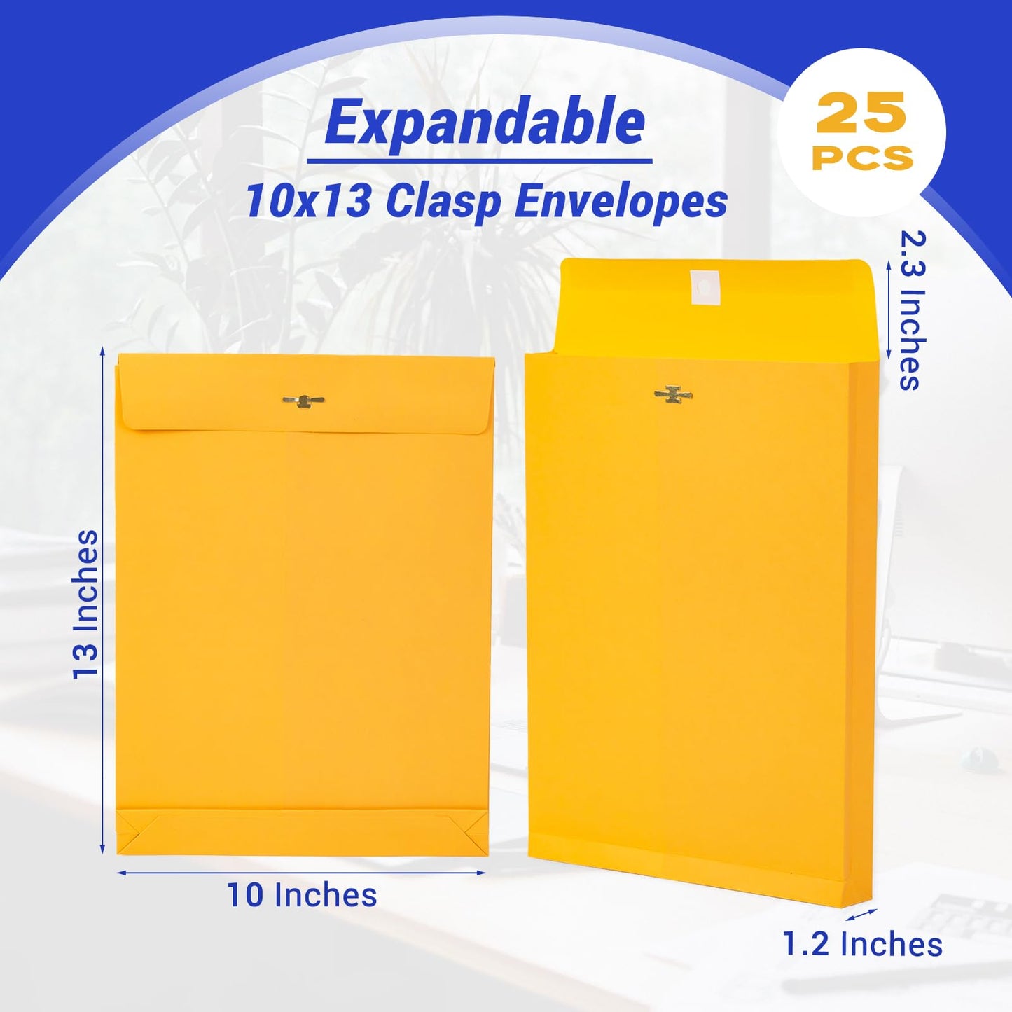 Expandable Large Manilla Envelopes 10x13 with Clasp and Gummed Seal 25 Pack, Goefun 180 GSM Heavyweight Big Yellow Manila Envelopes for Documents, for Home, Office, Business Mailing and Storing
