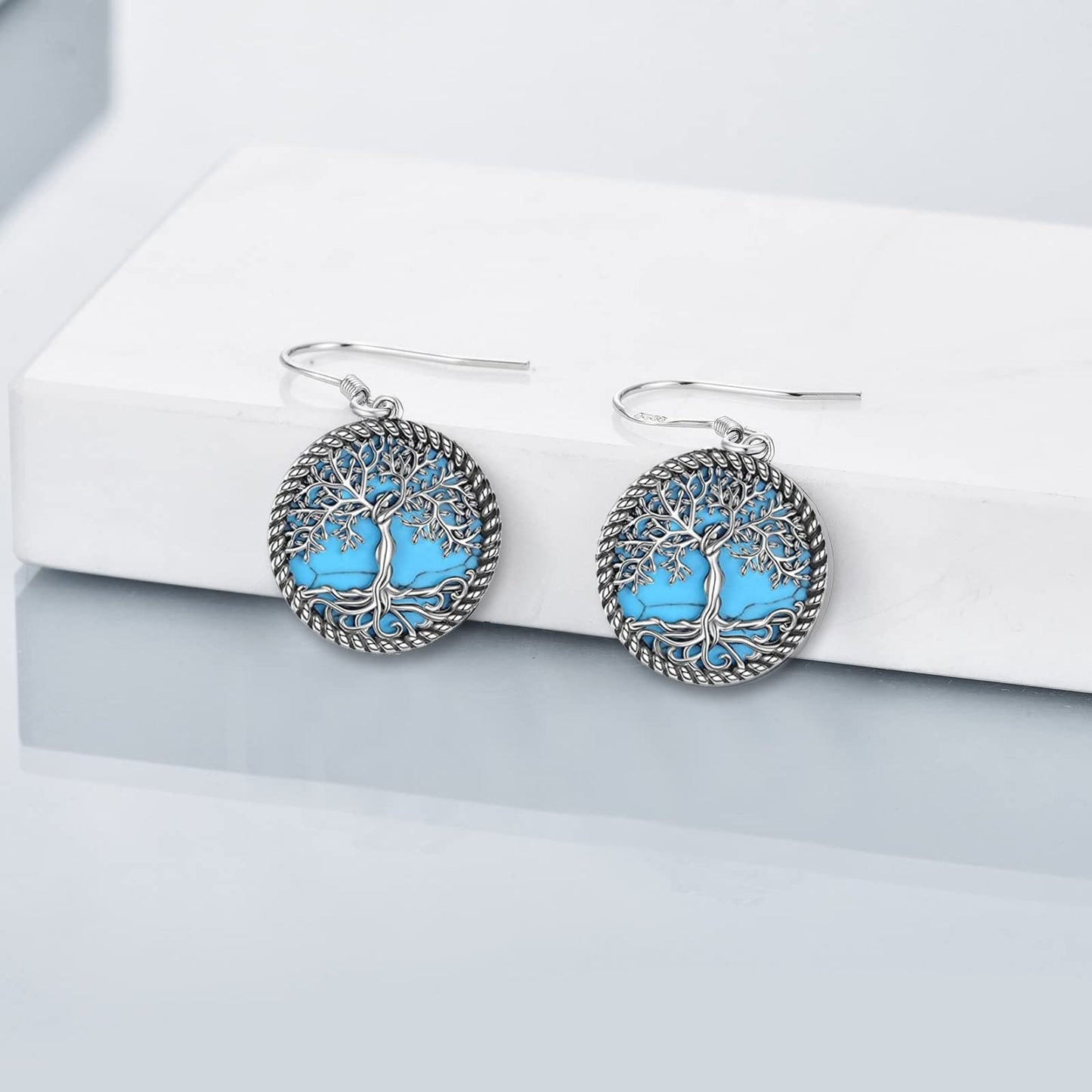 ONEFINITY 925 Sterling Silver Turquoise Tree of Life Dangle Drop Earrings Tree of Life Jewelry for Women